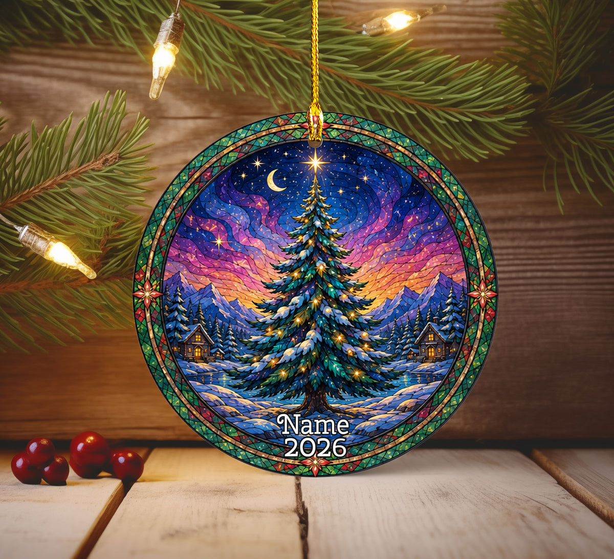 Stained Glass Inspired Christmas Tree Ornament 2026, Colorful Holiday Winter Landscape Decoration