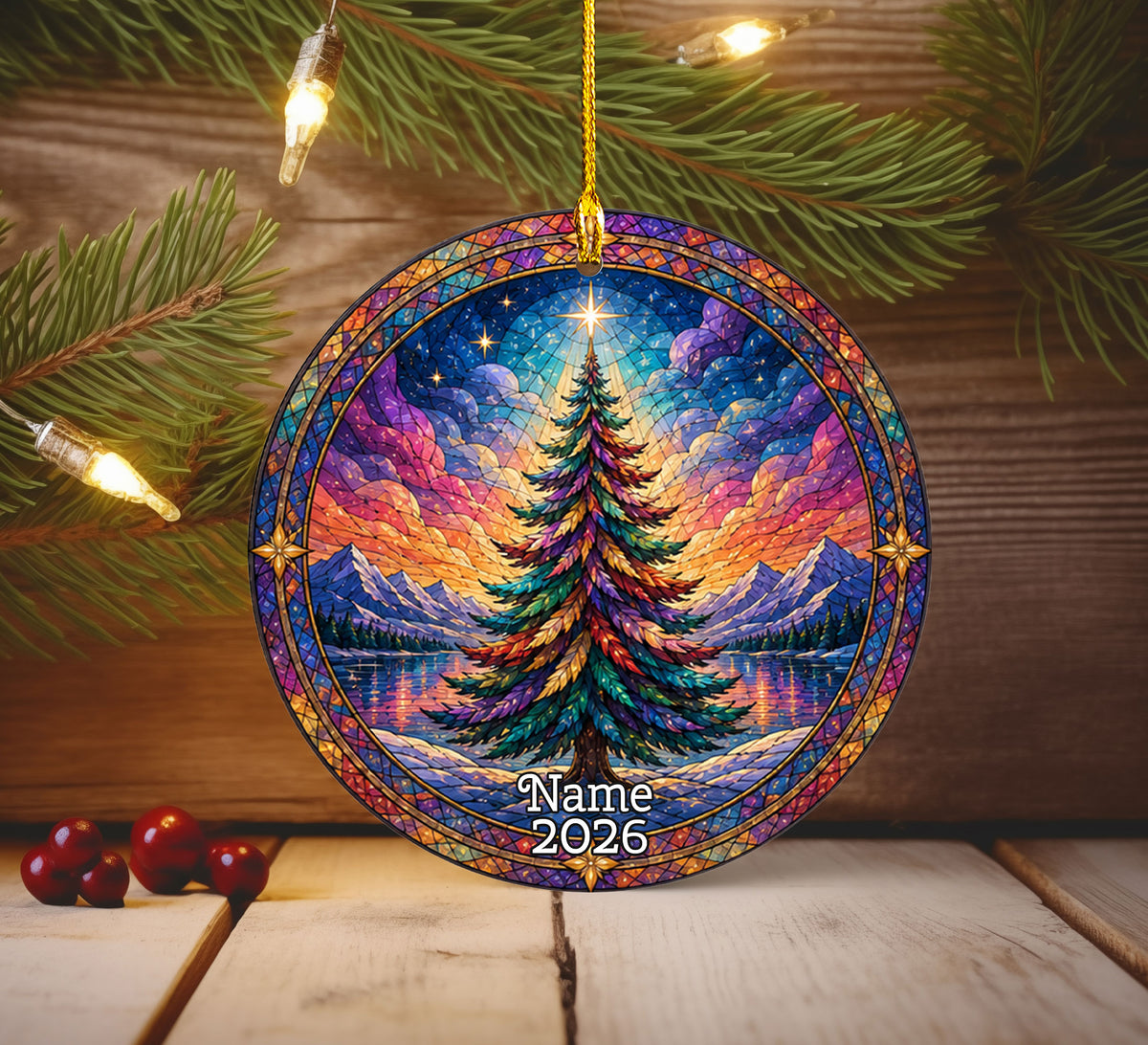Colorful Stained Glass Style Christmas Tree Ornament 2026, Winter Mountain Lake Suncatcher Style