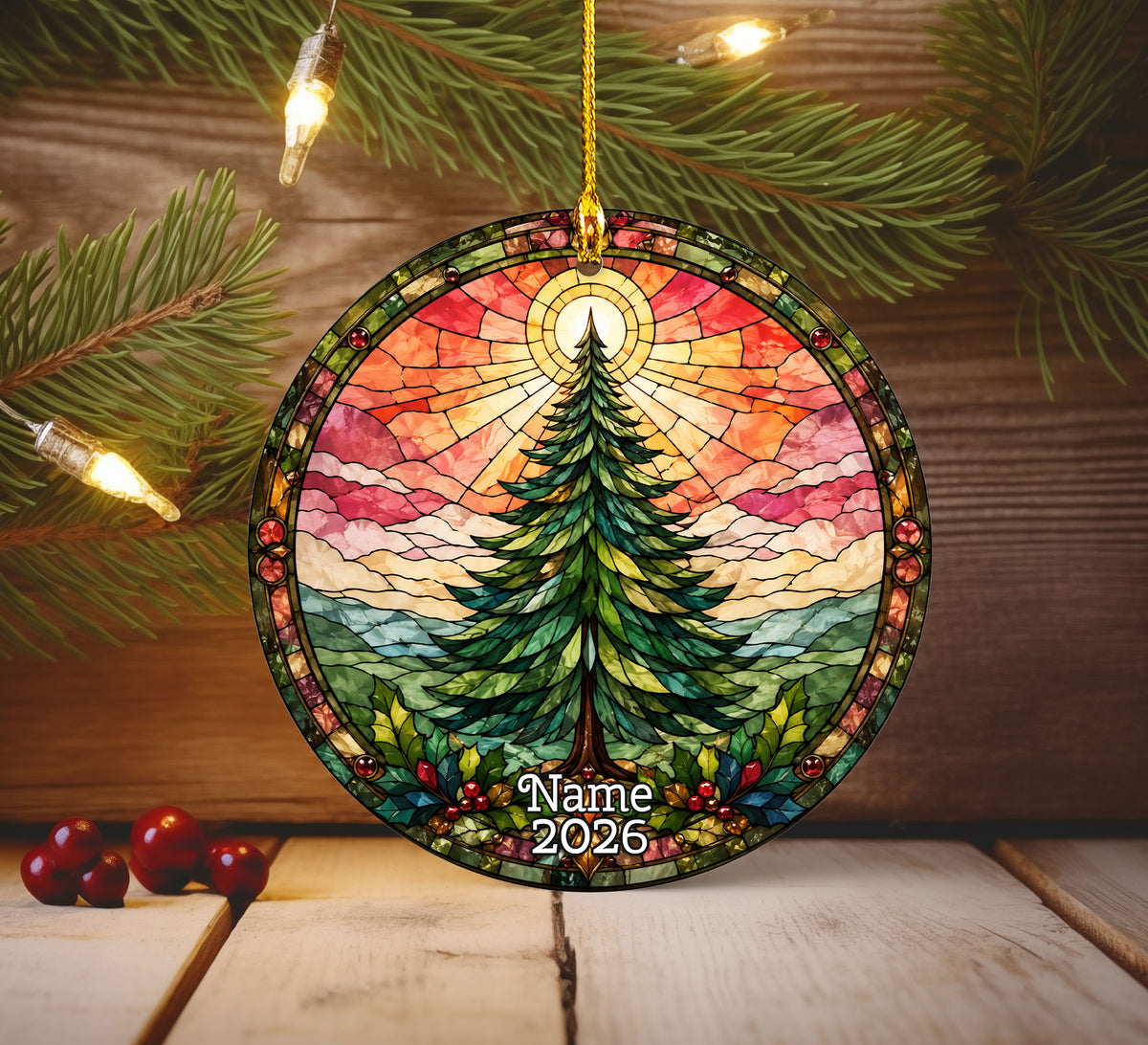 Winter Christmas Tree Ornament 2026, Vintage Chrismas Tree Holiday Decoration, Stained Glass Inspired Christmas Tree Keepsake Gift