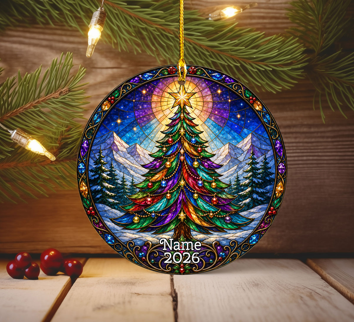 Colorful Stained Glass Christmas Tree Ornament 2026, Rainbow Evergreen Winter Mountain Scene, Holiday Tree Decoration