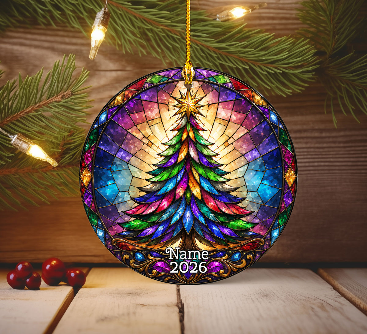 Rainbow Christmas Tree Ornament 2026, Colorful Stained Glass Holiday Decoration, Winter Landscape Christmas Gift