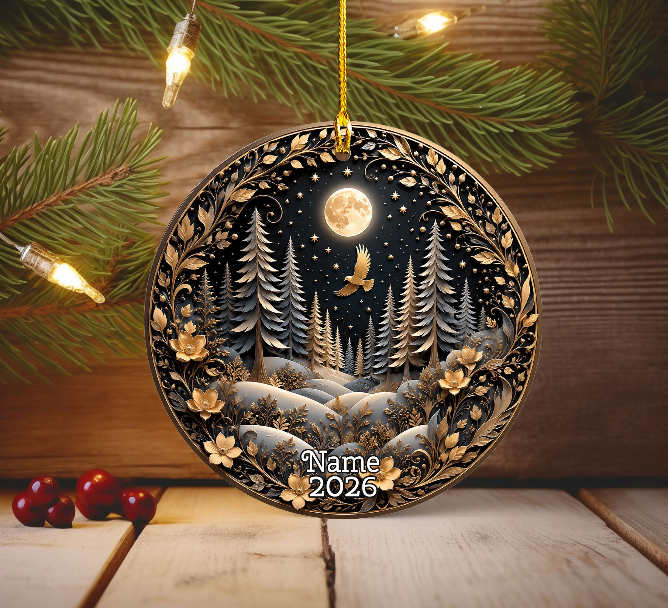 Winter Forest Christmas Ornament 2026, Moon Night Woodland Christmas Tree Decor, Nature Inspired Holiday Ornament