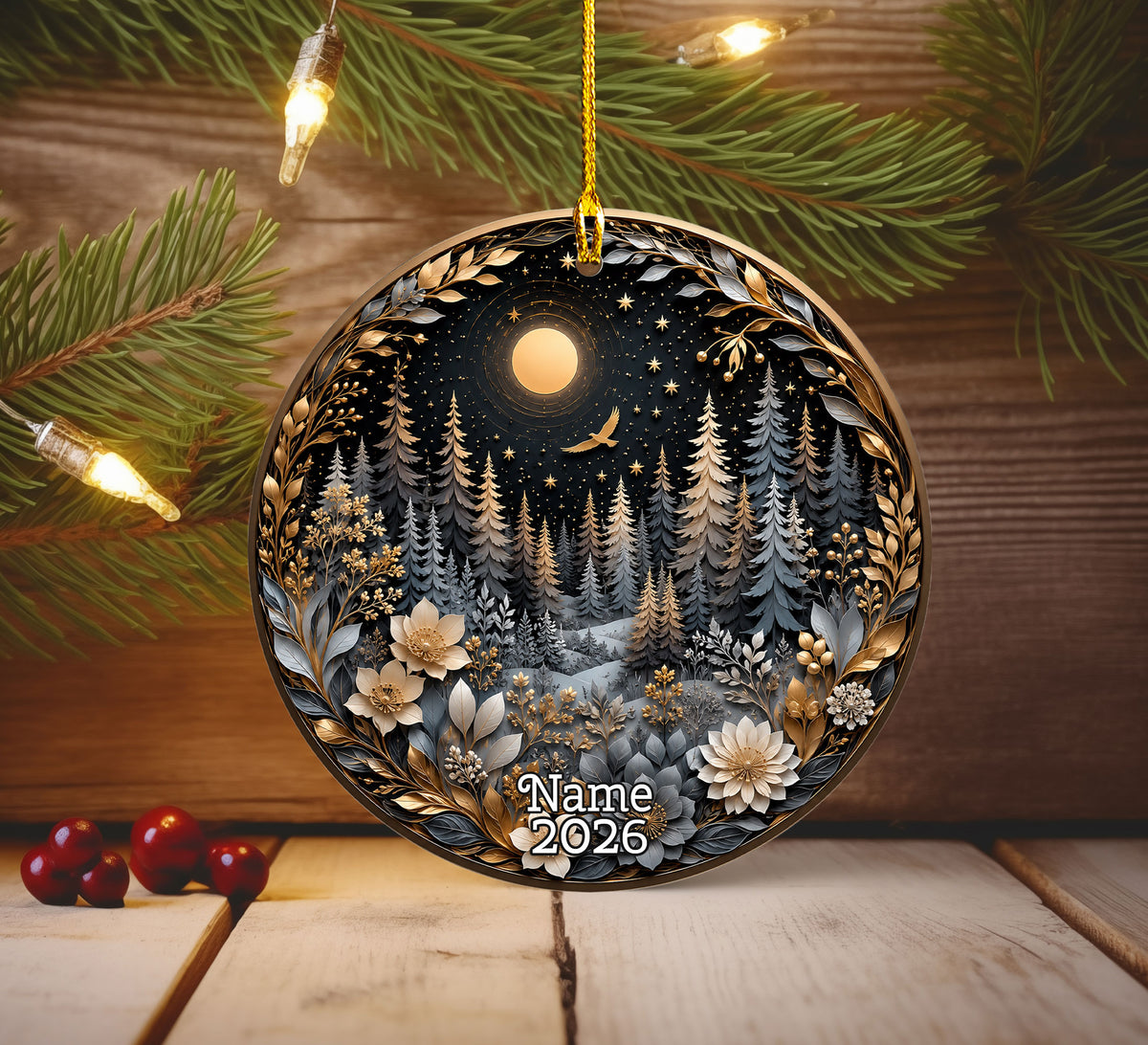 Winter Forest Christmas Ornament 2026, Moon Night Woodland Christmas Tree Decor, Nature Inspired Holiday Ornament