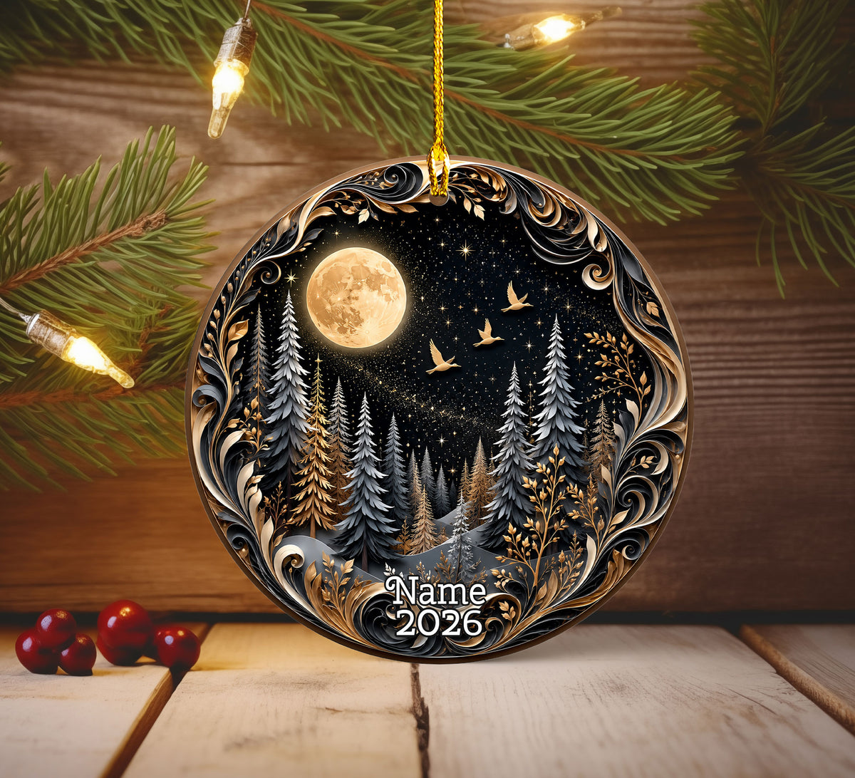 Christmas Forest Ornament 2026, Moonlit Pine Trees Holiday Decoration, Woodland Christmas Keepsake, Winter Nature Gift for Friends and Family