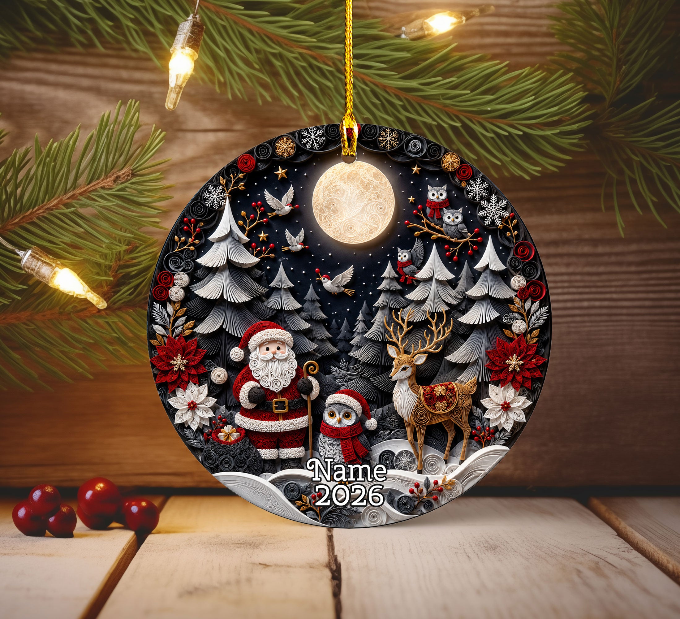 Santa Woodland Christmas Ornament 2026, Owl Deer Robin Winter Forest Cabin Christmas Tree Decoration, Holiday Keepsake Gift for Family