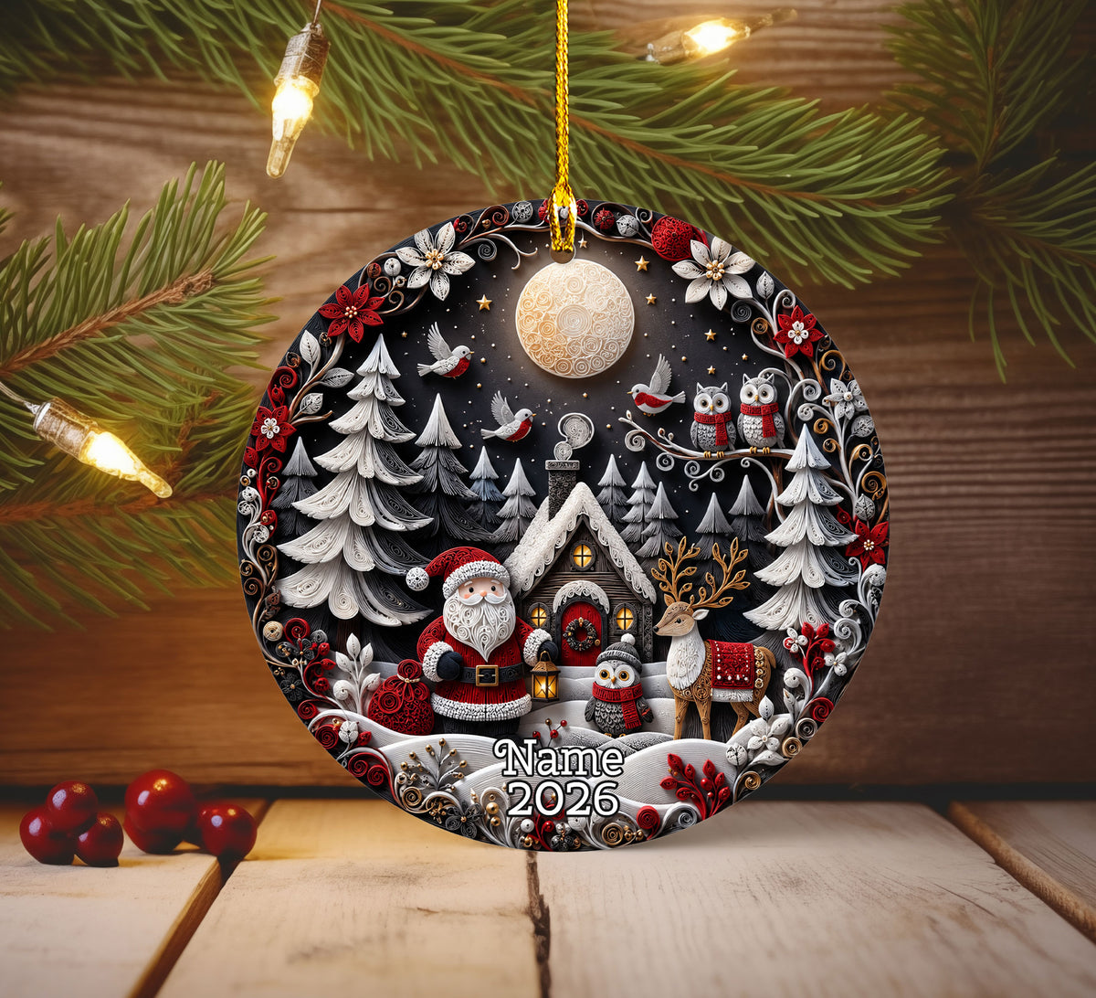 Holiday Christmas Ornament 2026, Santa Owl Deer Robin Forest Cabin Winter Scene, Christmas Tree Decoration, Festive Keepsake Gift