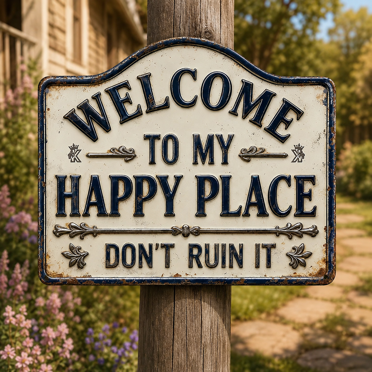 Vintage Welcome Metal Sign, Welcome To My Happy Place, Garden Outdoor Wall Decoration