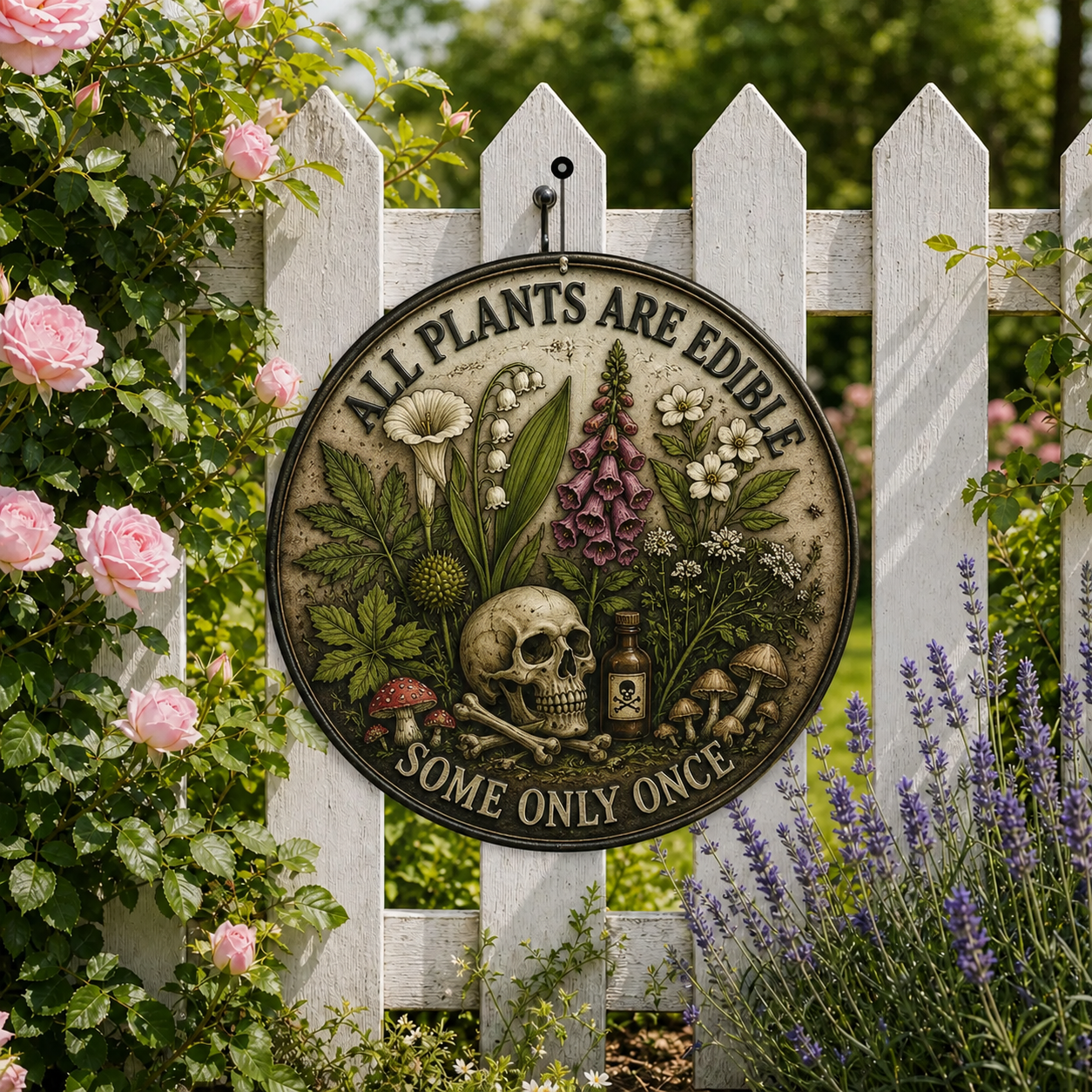 All Plants Are Edible Round Metal Sign, Funny Gothic Botanical Metal Sign, Dark Humor Plant Lover Gift, Mushroom Skull Decor