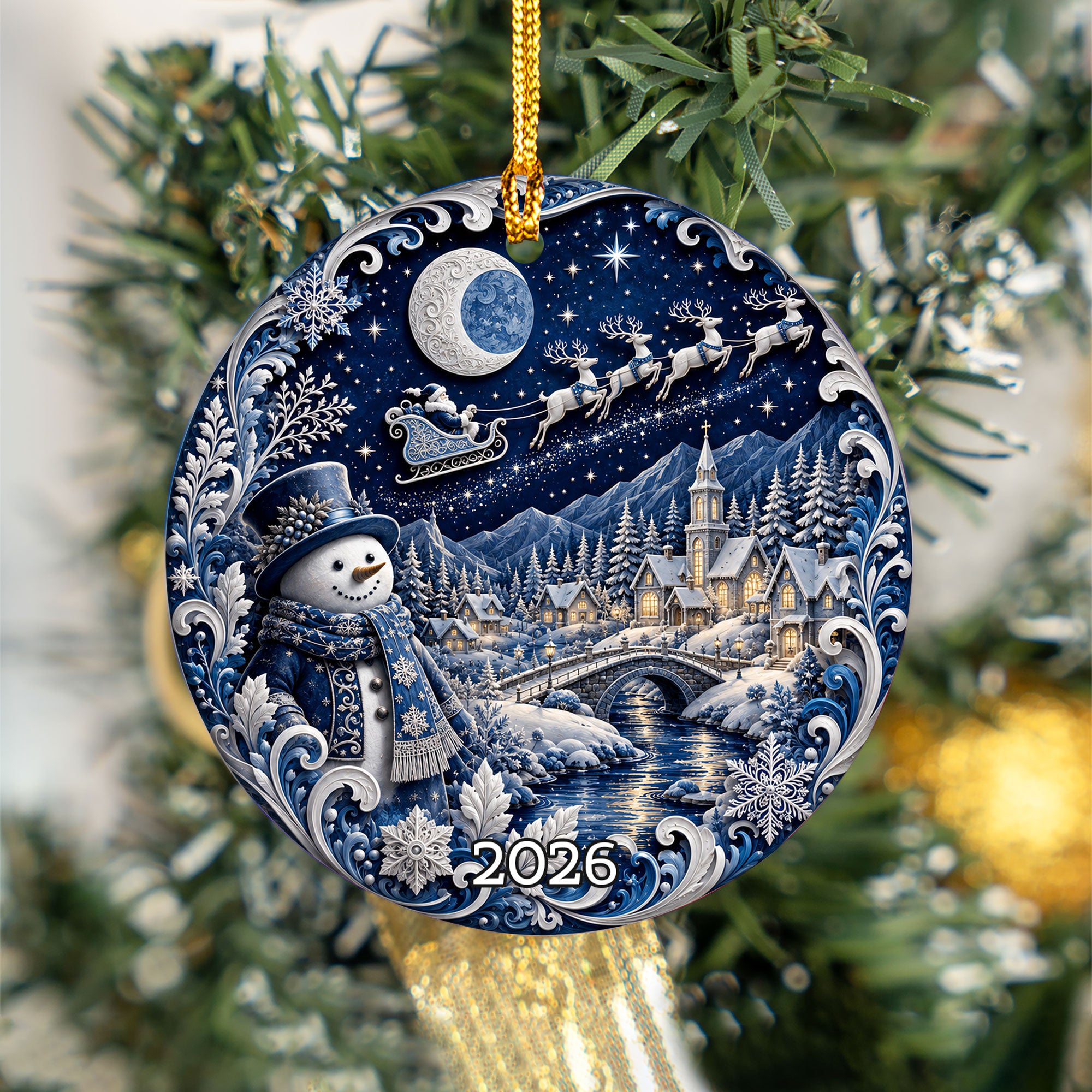 Blue Christmas Village Ornament 2026, Snowman Holiday Ornament, Ceramic Christmas Decoration