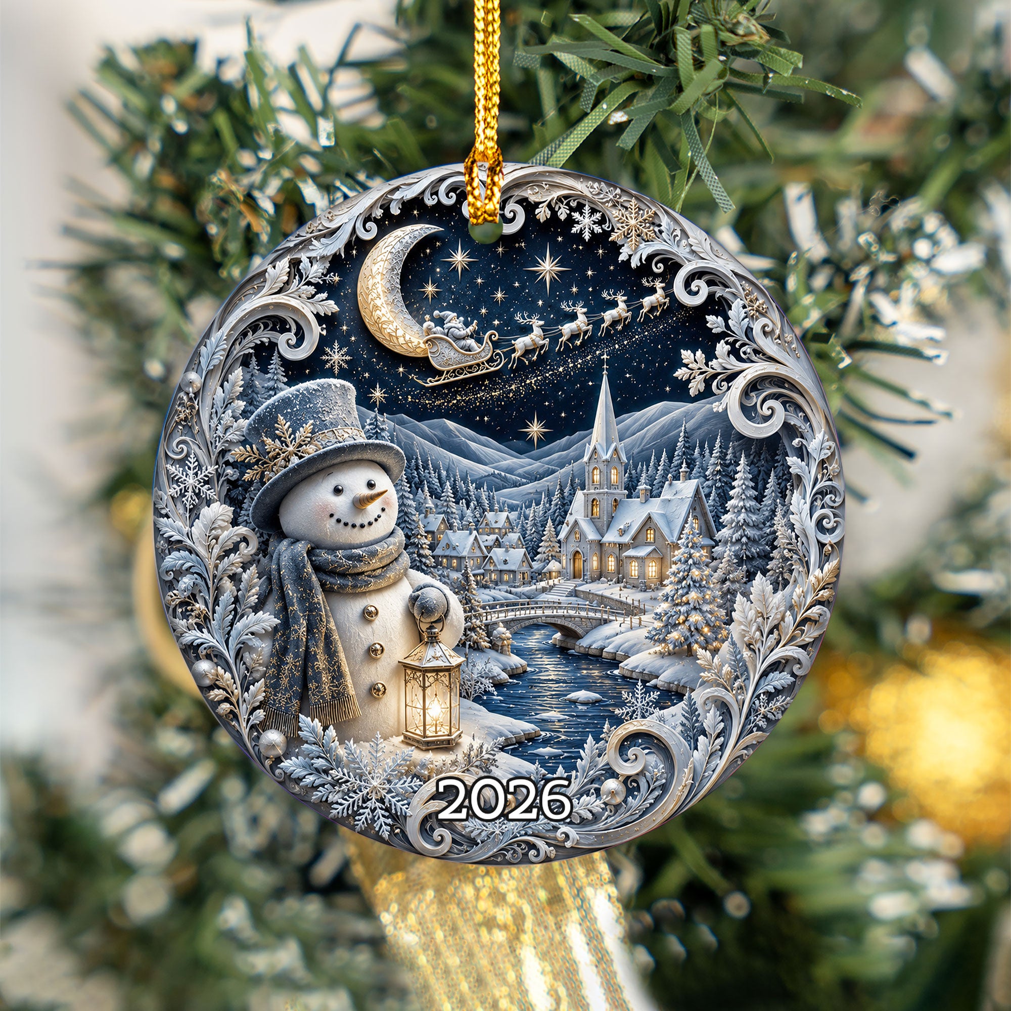 Blue Christmas Village Ornament 2026, Snowman Holiday Ornament, Ceramic Christmas Decoration, Winter Home Decor