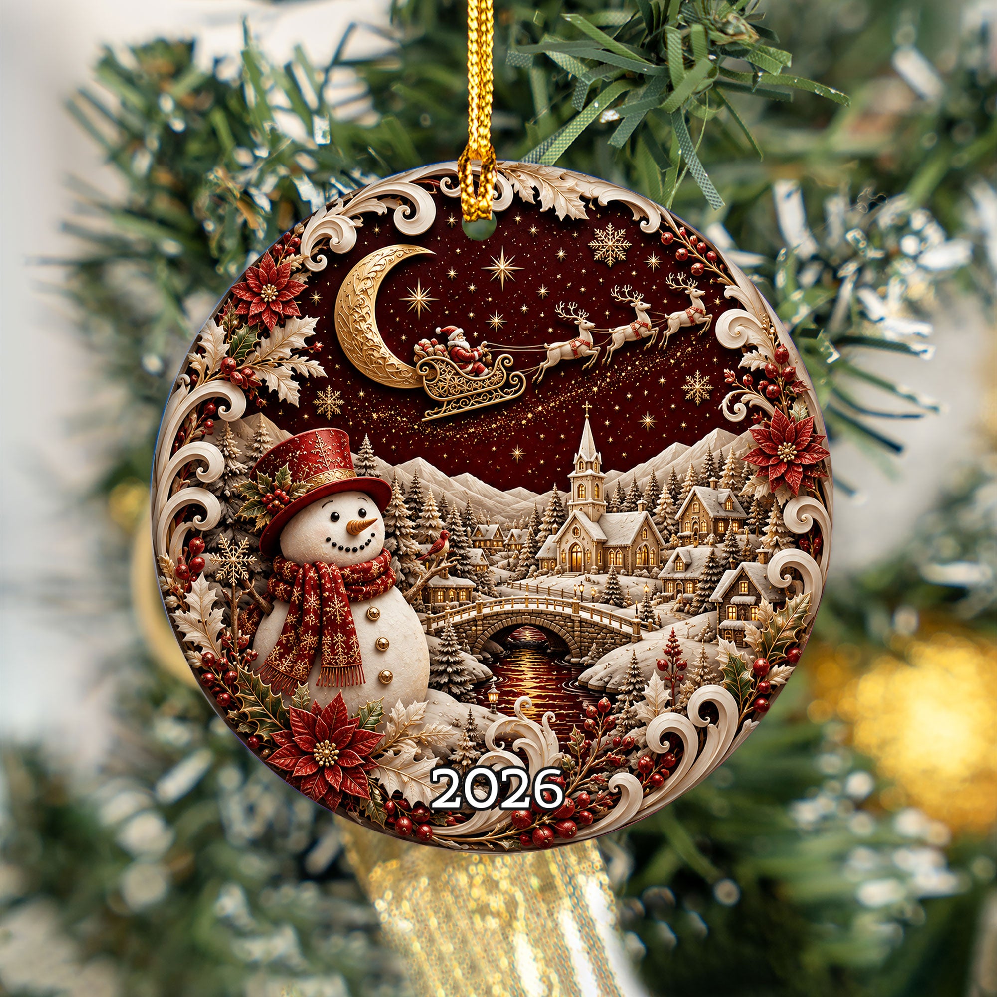 Red Snowman Christmas Ornament 2026, Winter Village Tree Ornament, Ceramic Holiday Decoration