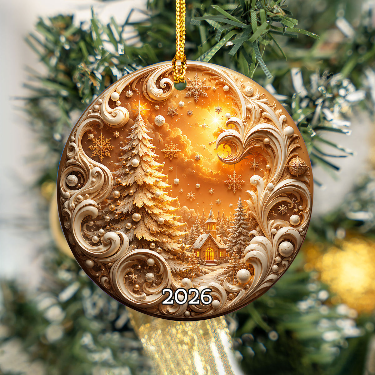Golden Christmas Tree Ornament 2026, Cozy Winter Village Ornament, Christmas Tree Keepsake, Holiday Gift, Festive Seasonal Home Decoration