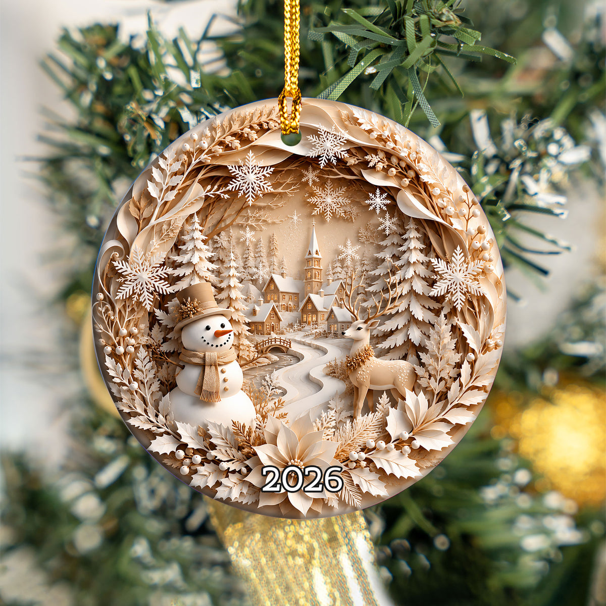 2026 Christmas Ornament with Snowman Deer, Winter Village Christmas Tree Ornament, Ceramic Holiday Decoration