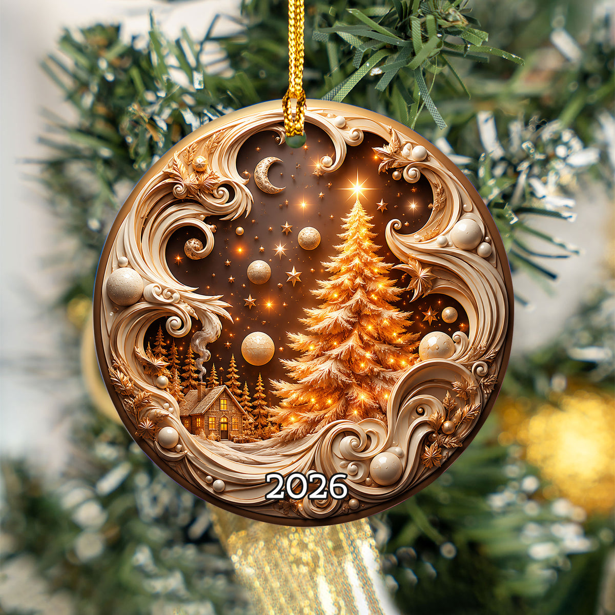2026 Golden Christmas Tree Ornament, Winter Village Christmas Ornament, Elegant Holiday Tree Decoration