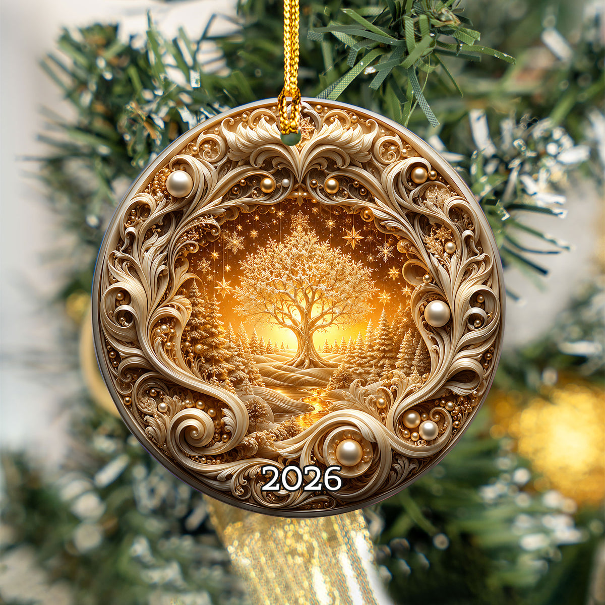 Golden Tree of Life Christmas Ornament 2026, Ceramic Christmas Tree Ornament, Winter Holiday Decor, Christmas Keepsake Gift for Family