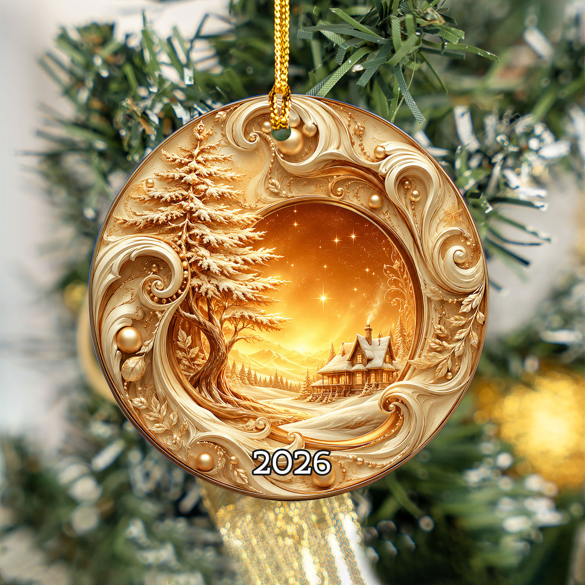 Golden Christmas Tree Ornament 2026, Tree of Life Ceramic Ornament, Winter Landscape Holiday Decoration, Christmas Gift Keepsake