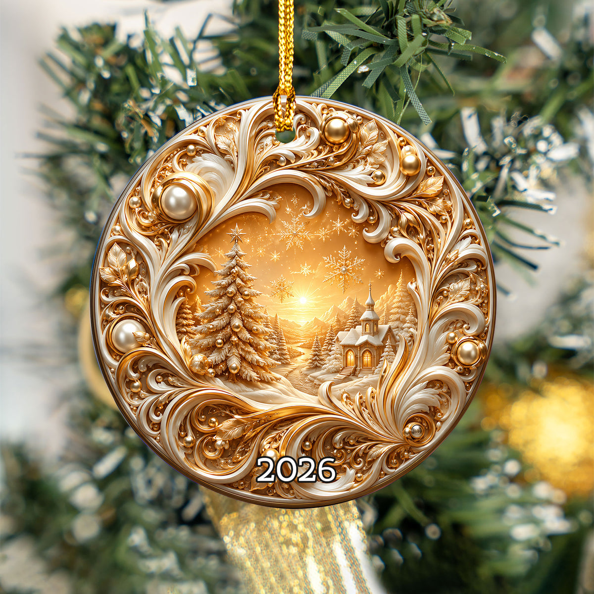 Gold Christmas Tree Ornament 2026, Christmas Tree Ceramic Ornament, Holiday Christmas Decoration, Christmas Keepsake Gift for Family and Friends