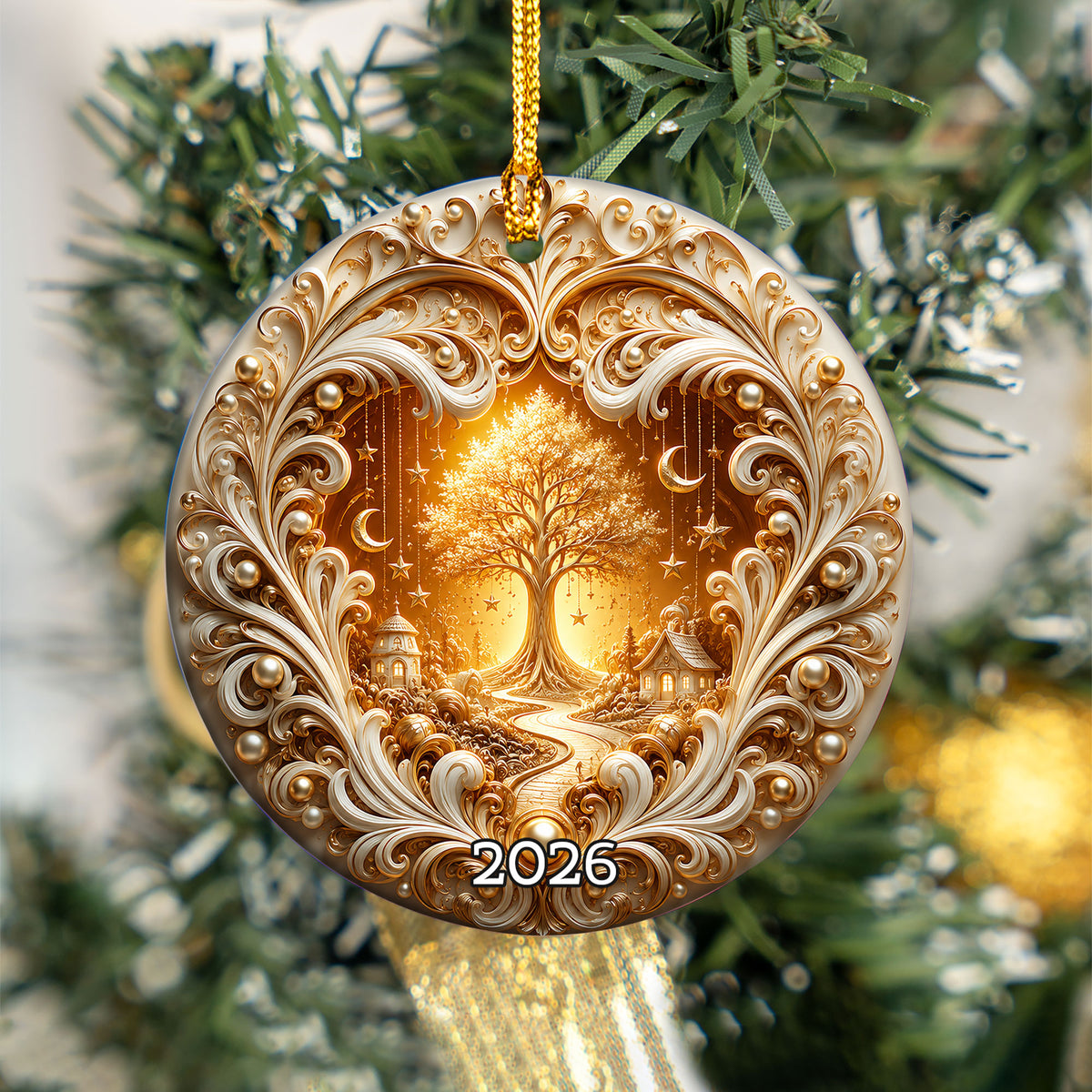 Tree of Life Christmas Ornament 2026, Golden Ceramic Christmas Ornament, Winter Holiday Decoration, Christmas Gift for Friends and Family