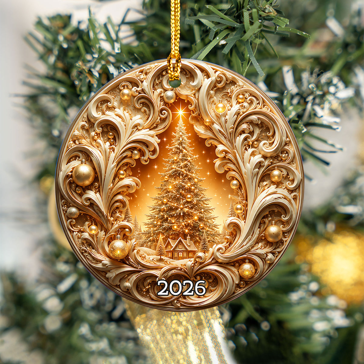Christmas Tree Ornament 2026, Gold Ceramic Christmas Ornament, Holiday Decoration, Christmas Tree Decor