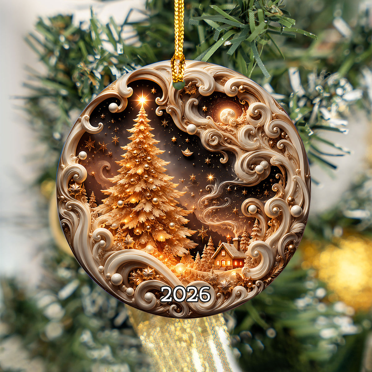 Elegant Christmas Tree Ornament 2026, Golden Winter Landscape Ornament, Holiday Keepsake Decoration