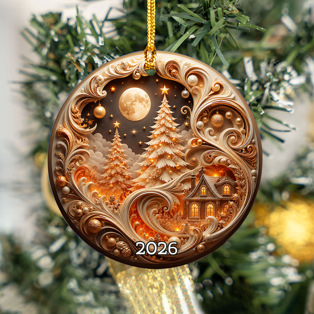 Elegant Christmas Tree Ornament 2026, Gold Holiday Ceramic Ornament, Christmas Decoration, Winter Home Decor, Christmas Gift Idea