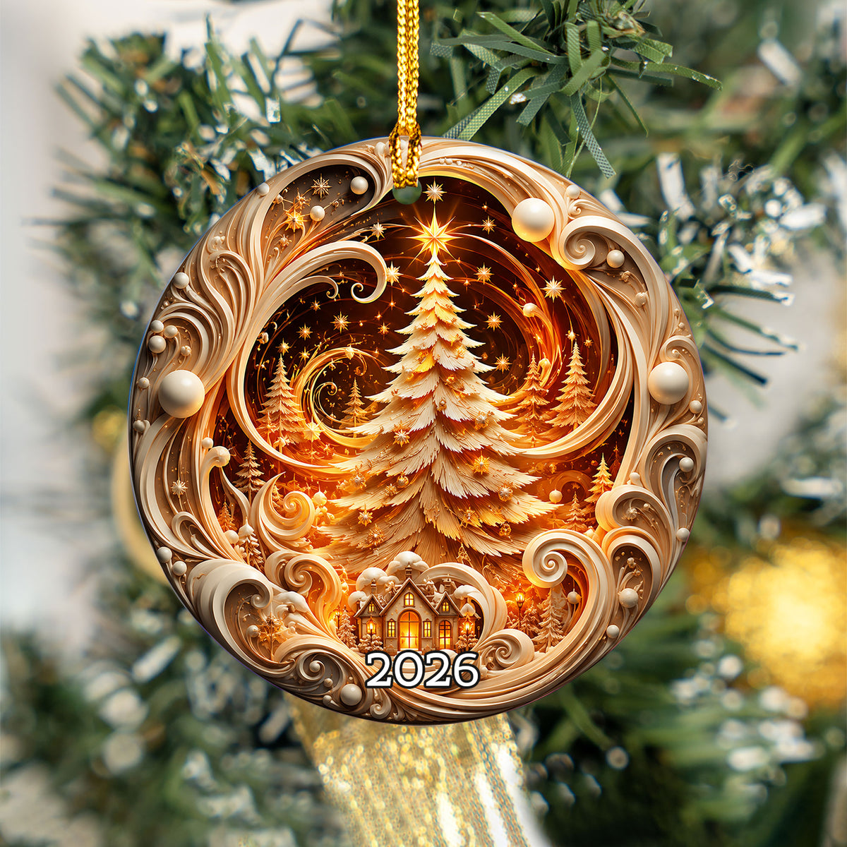 Ceramic Christmas Tree Ornament 2026, Gold Christmas Decoration, Holiday Keepsake Ornament, Christmas Gift for Home and Family