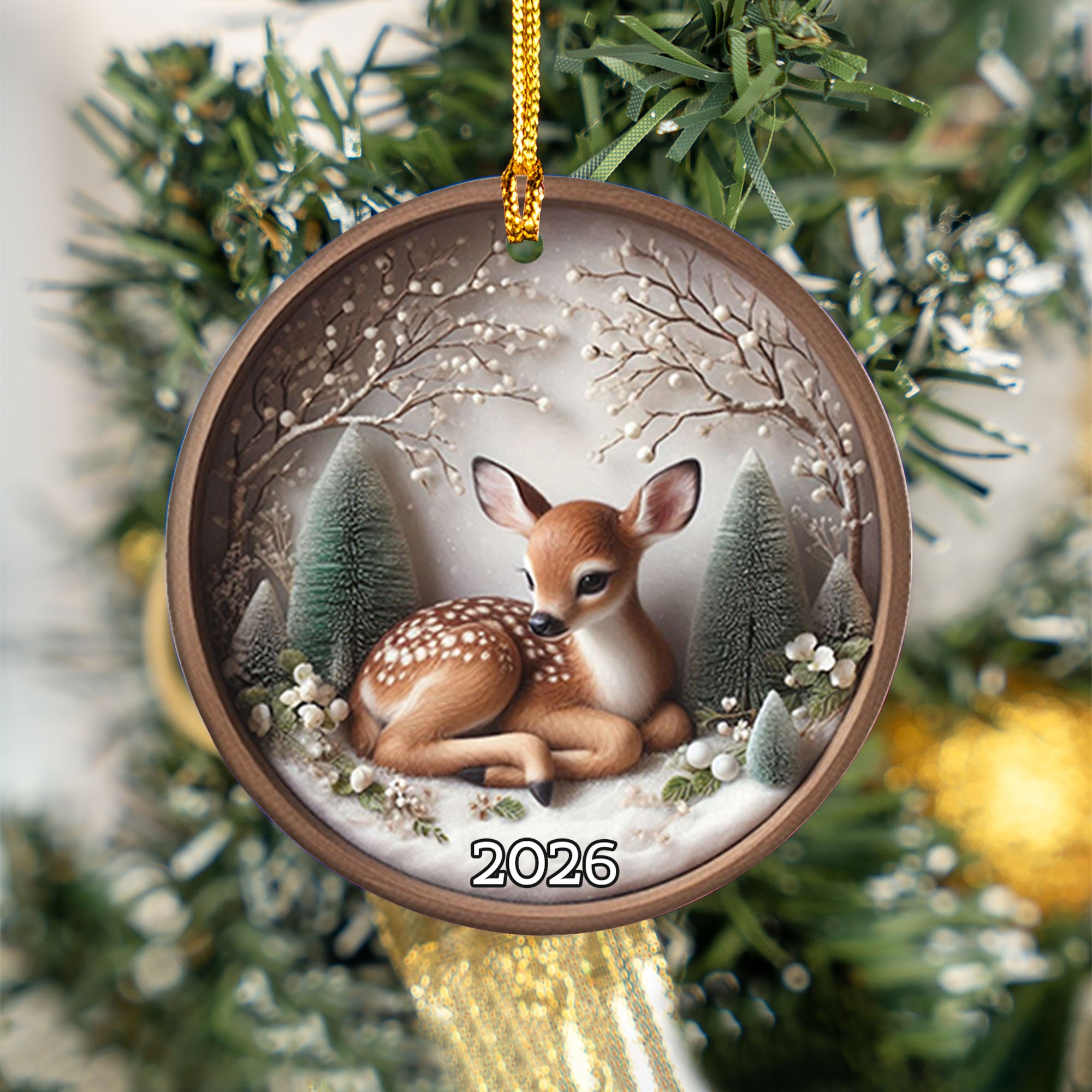 Woodland Deer Ornament 2026, Rustic Christmas Ceramic Ornament, Forest Holiday Tree Decoration