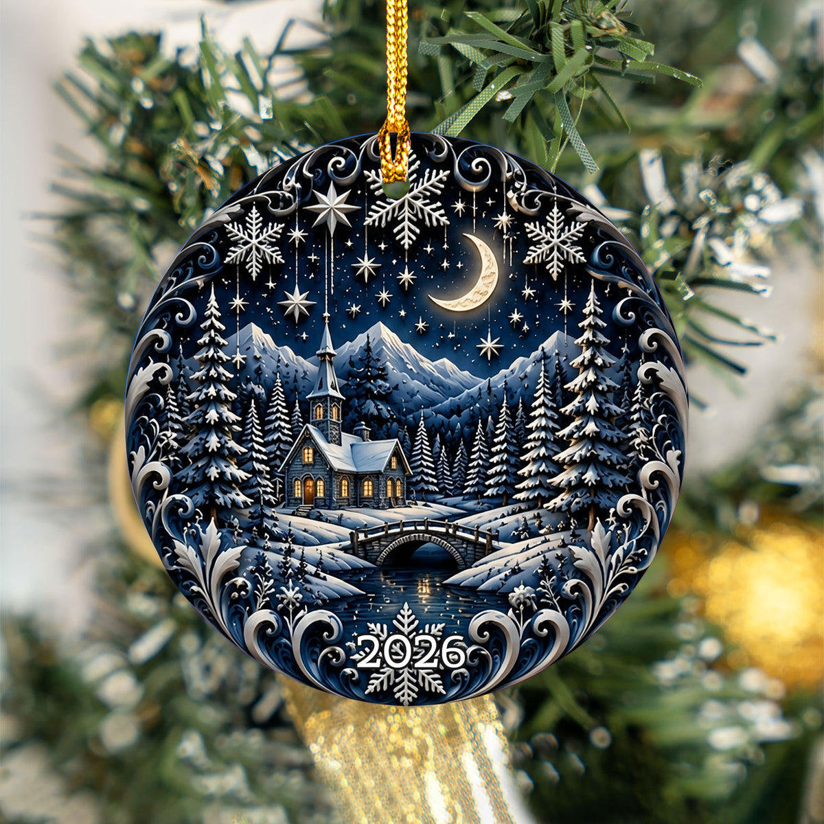Moonlit Christmas Ornament 2026, Winter Night Ceramic Ornament, Holiday Tree Decoration, Peaceful Christmas Keepsake