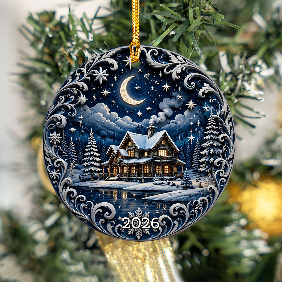 Winter Night Christmas Ornament 2026, Snowy Village Ceramic Ornament, Holiday Tree Decoration, Cozy Christmas Keepsake