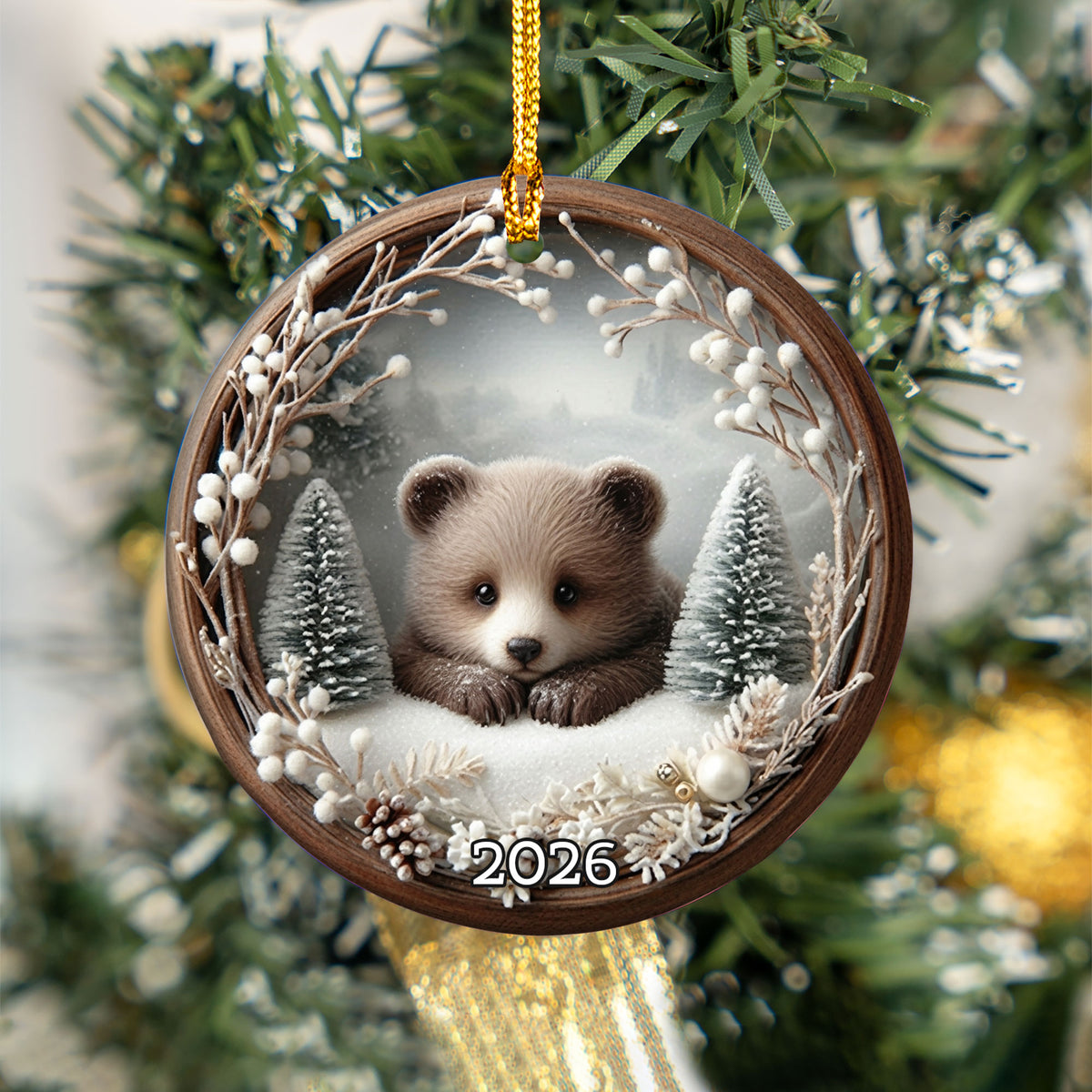 Baby Bear Christmas Ornament 2026, Cute Woodland Bear Ornament, Winter Forest Christmas Tree Decor