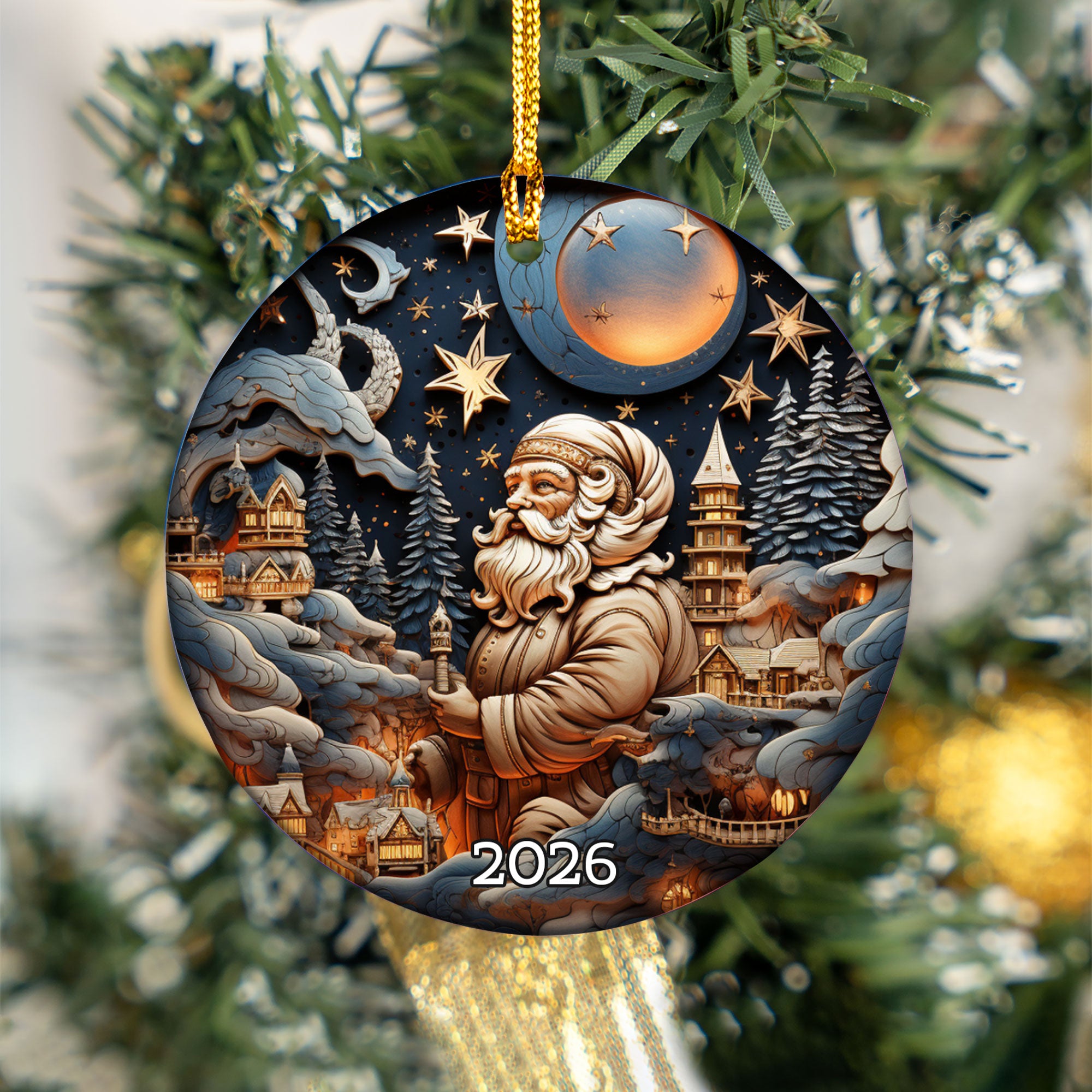 Santa Christmas 2026 Ornament, Christmas Decoration, Holiday Gift Idea, Heirloom Keepsake, Round Ceramic, Gift Exchange Idea, Dated Xmas Tree
