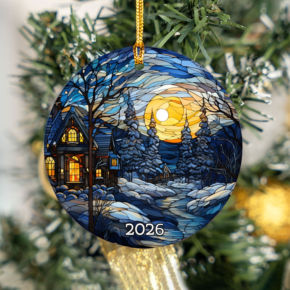 Stained Glass Style Christmas Night Ornament, Holiday Gift, Ceramic Round Ornament, Dated Ornament, Festive Holiday Decorations