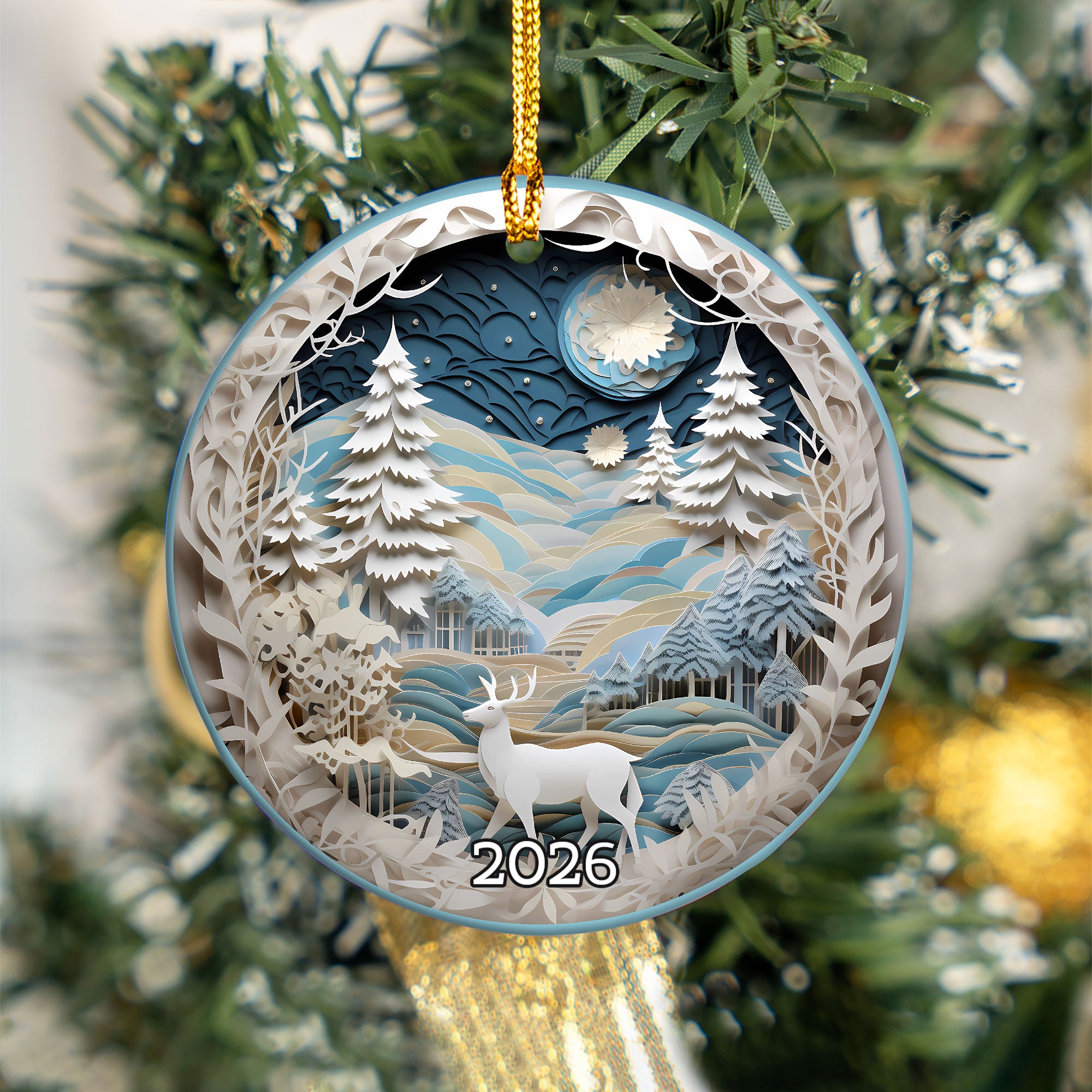 Christmas Winter Wonderland Ornament, Christmas Tree Decoration, Holiday Gift, Ceramic Round Ornament, Dated Ornament