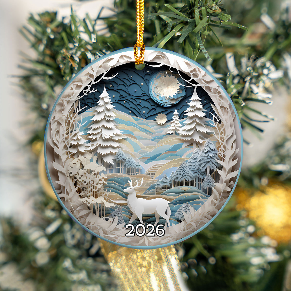 Christmas Winter Wonderland Ornament, Christmas Tree Decoration, Holiday Gift, Ceramic Round Ornament, Dated Ornament