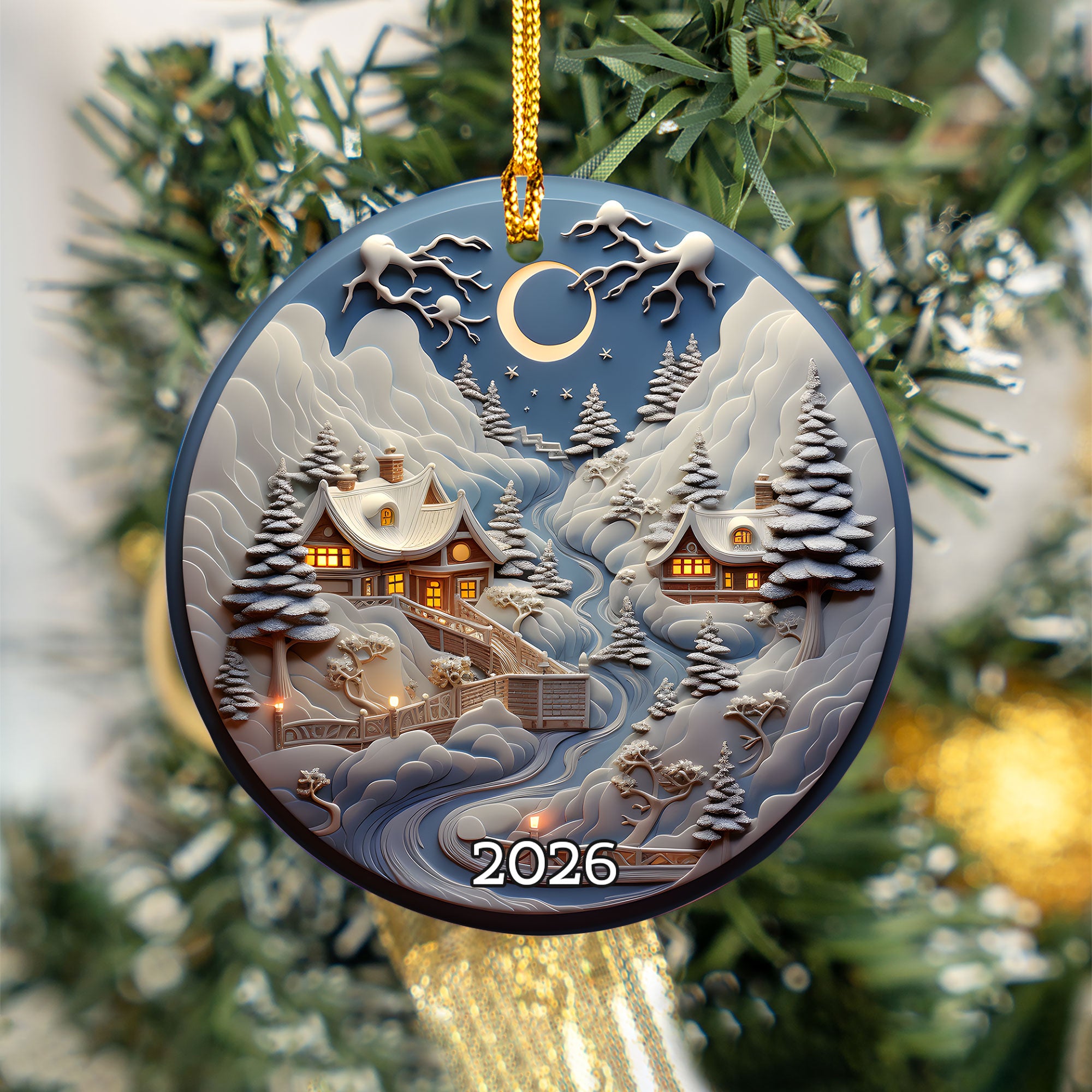 Beautiful Winter Village Christmas Night Ornament, Christmas 2026 Dated Ornament, Double-Sided Holiday Keepsake, Christmas Tree Gift, Festive Ornament