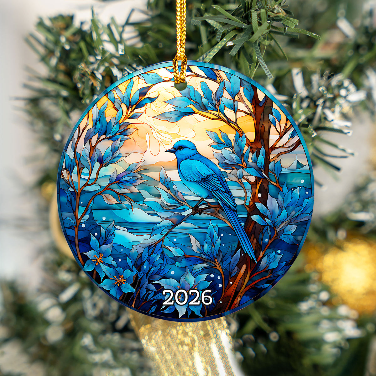 Blue Bird Christmas Ornament 2026, Stained Glass Style Bird Ornament, Winter Bird Tree Decor, Nature Lover Gift, Blue Songbird Keepsake, Holiday Ornament