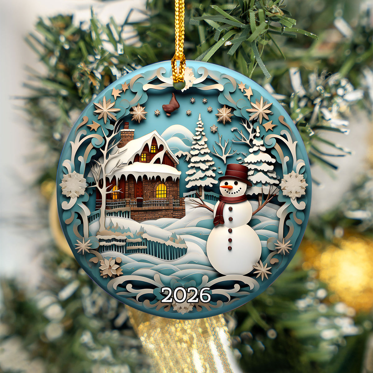 Cozy Snowman Cabin Ornament 2026, Christmas Ornament Gift, Holiday Tree Decoration, Seasonal Keepsake, Winter Home Decor