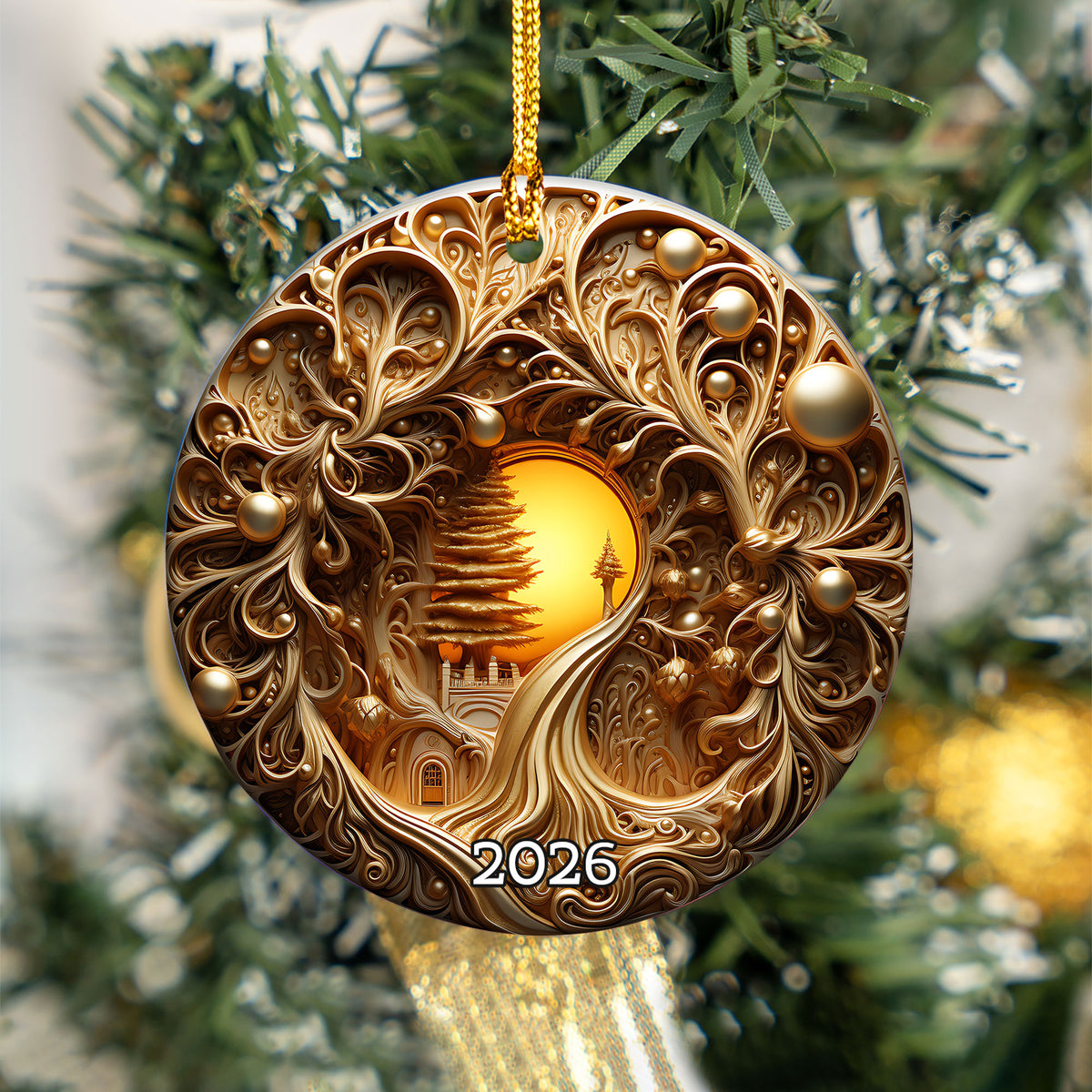 2026 Golden Tree of Life Ornament, Luxury Christmas Ornament, Ornate Gold Holiday Decor, Elegant Xmas Tree Decoration, Keepsake Gift