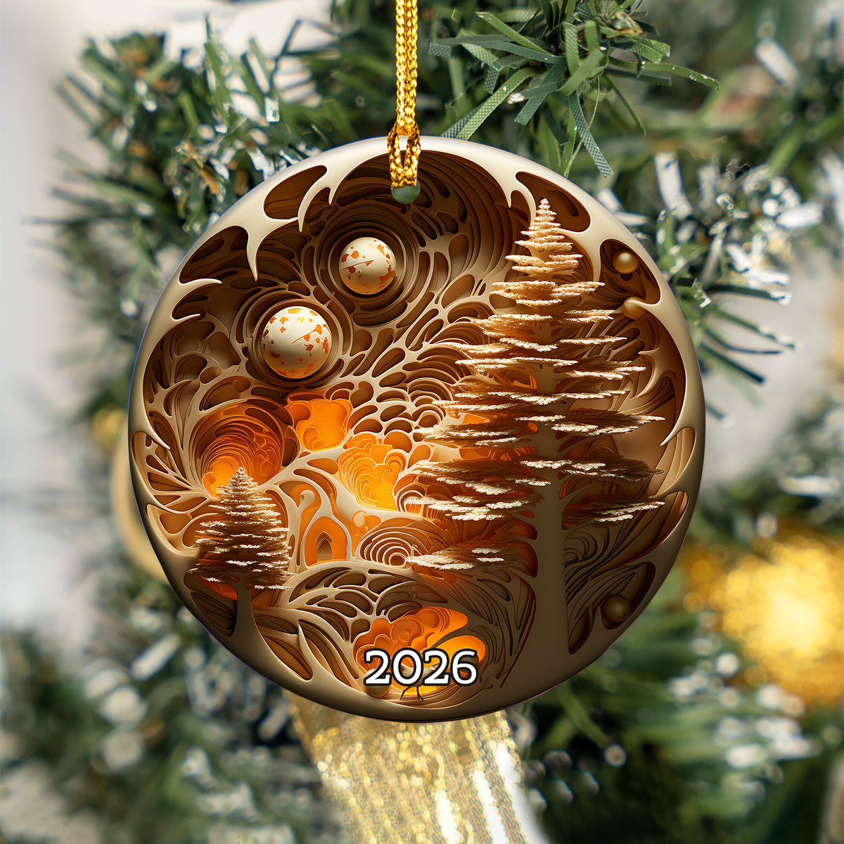 2026 Enchanted Golden Forest Ornament, Fantasy Christmas Tree Ornament, Woodland Holiday Decor, Elegant Gold Keepsake, Magical Xmas Gift