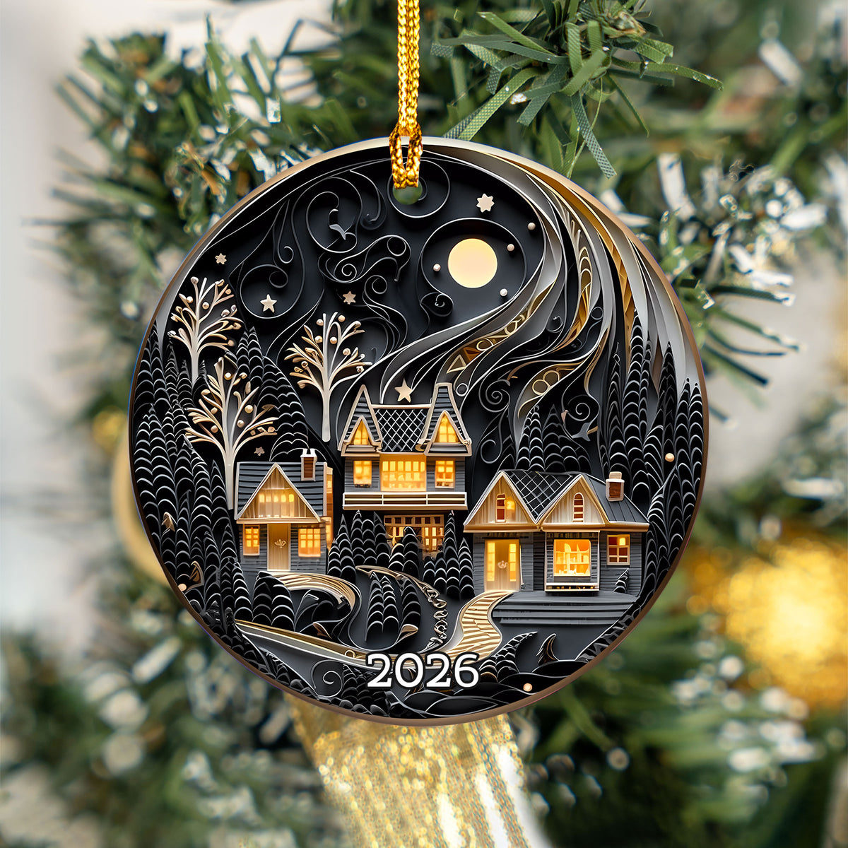 Moonlit Christmas Cottage Ornament 2026, Cozy Winter Village Tree Decoration, Layered Keepsake, Holiday Decoration