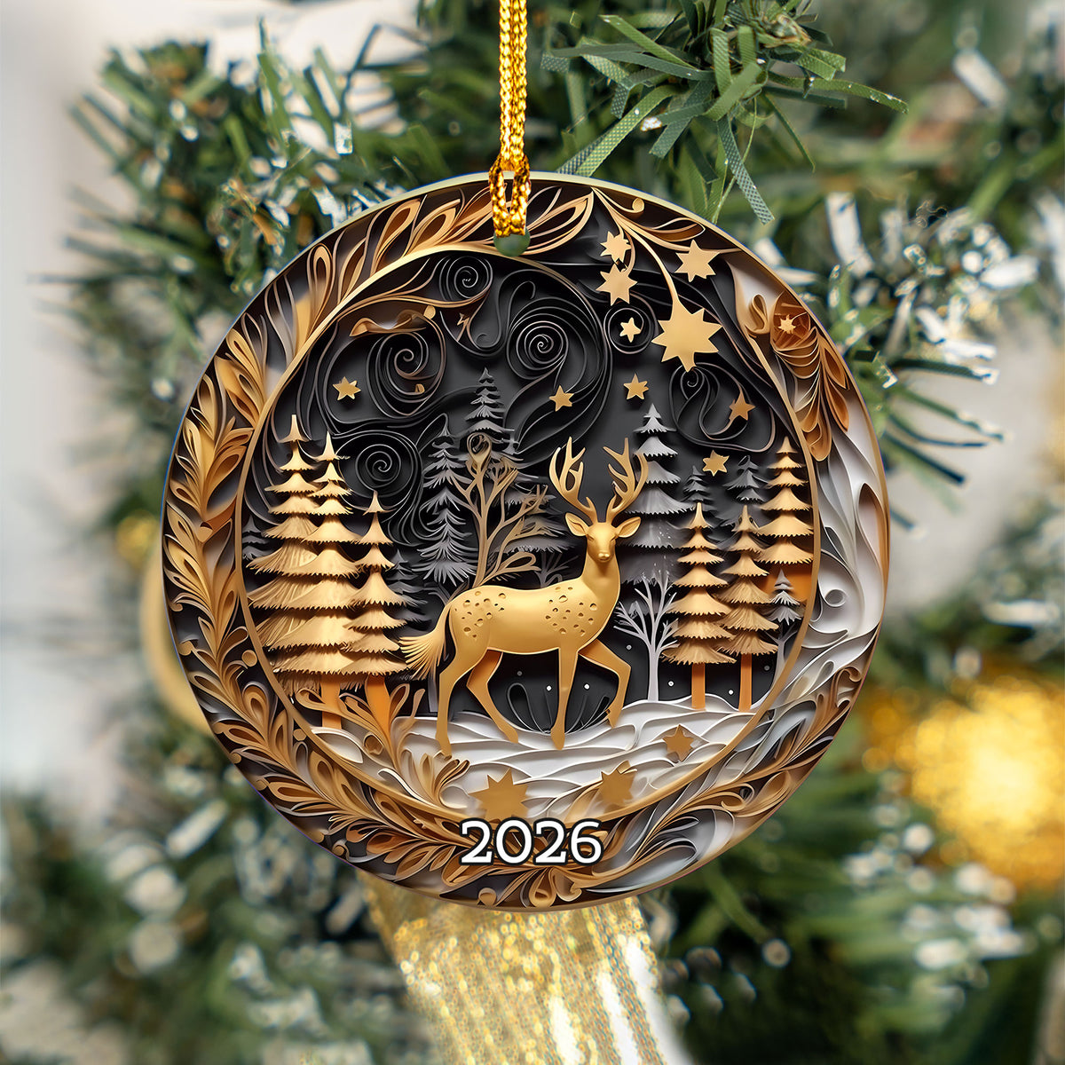 Golden Deer Ornament, Christmas Tree Ornament 2026, Christmas Ornament, Holiday Decoration