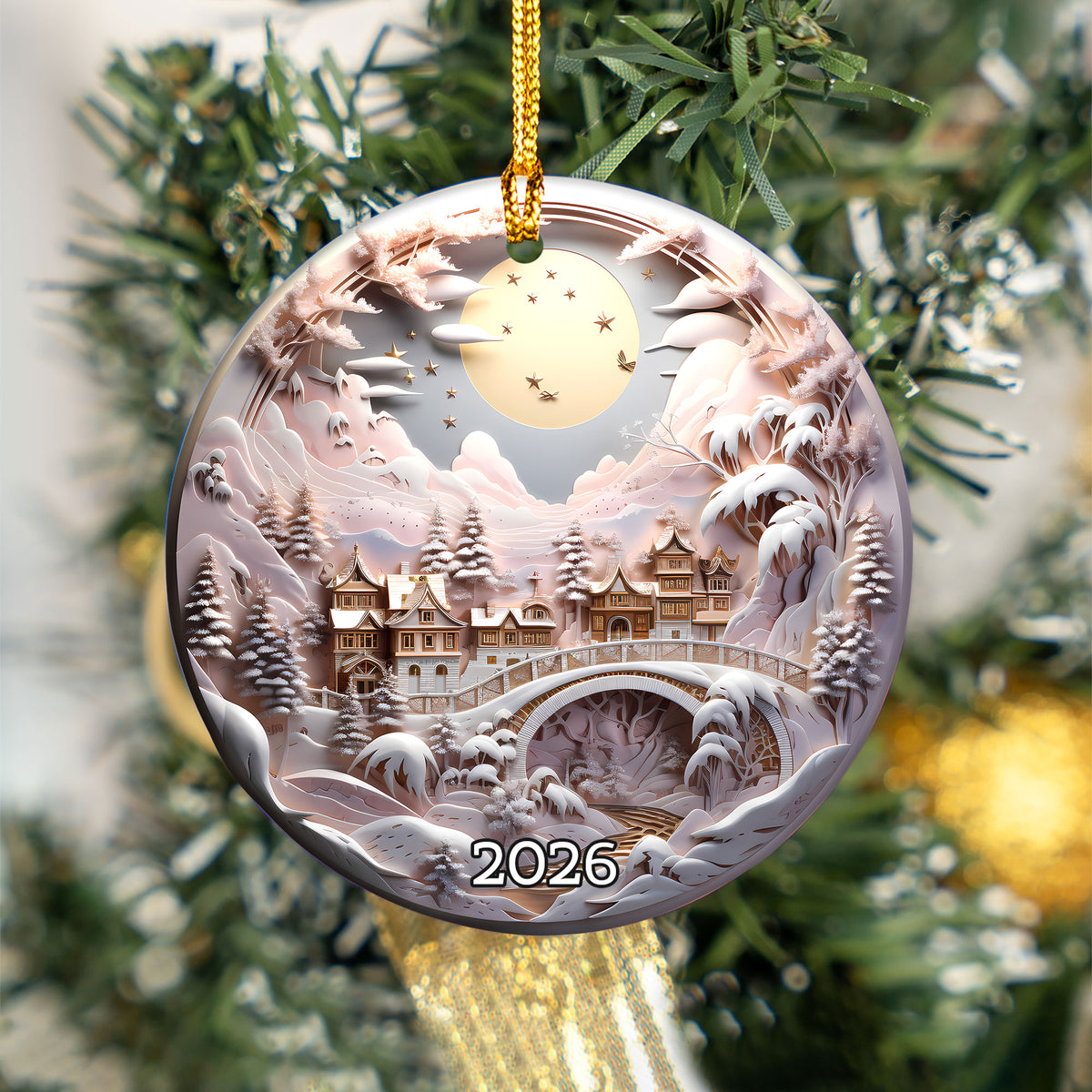 Snowy Castle Christmas Ornament 2026, Fairytale Pink Landscape Ceramic Ornament, Fantasy Holiday Tree Decor, Winter Christmas Keepsake Gift