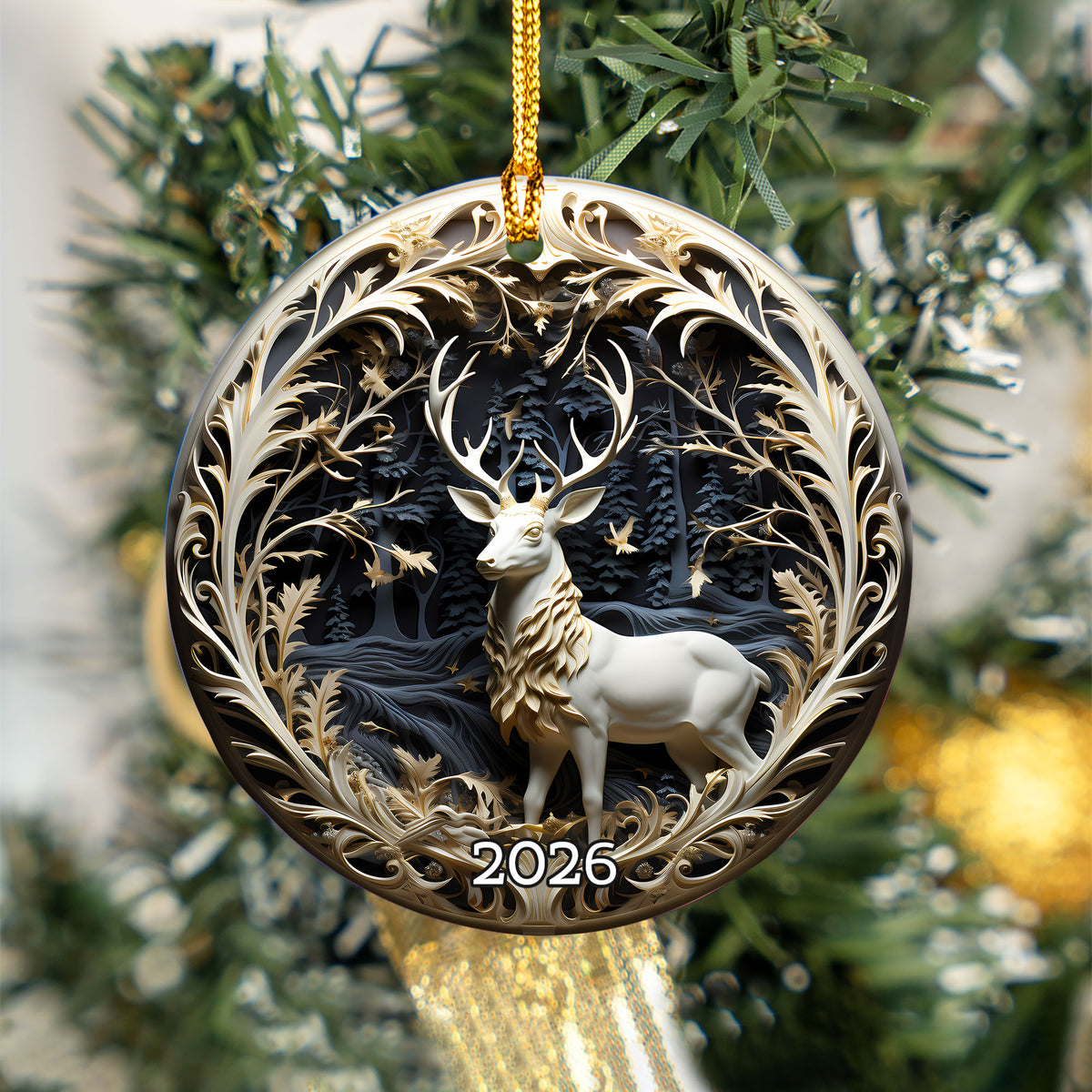 Fantasy Deer Ornament 2026, Woodland Christmas Ceramic Ornament, Elegant Stag Holiday Tree Decoration, Keepsake Gift for Christmas