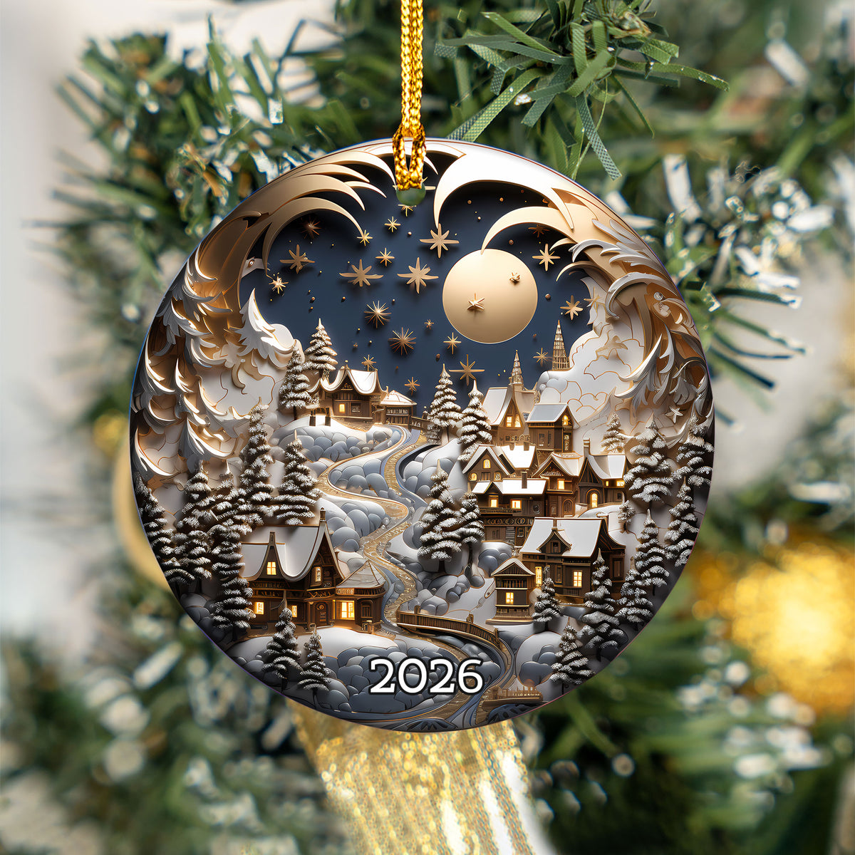 Christmas Night Ornament 2026, Moonlit Winter Village Ceramic Ornament, Holiday Tree Decoration