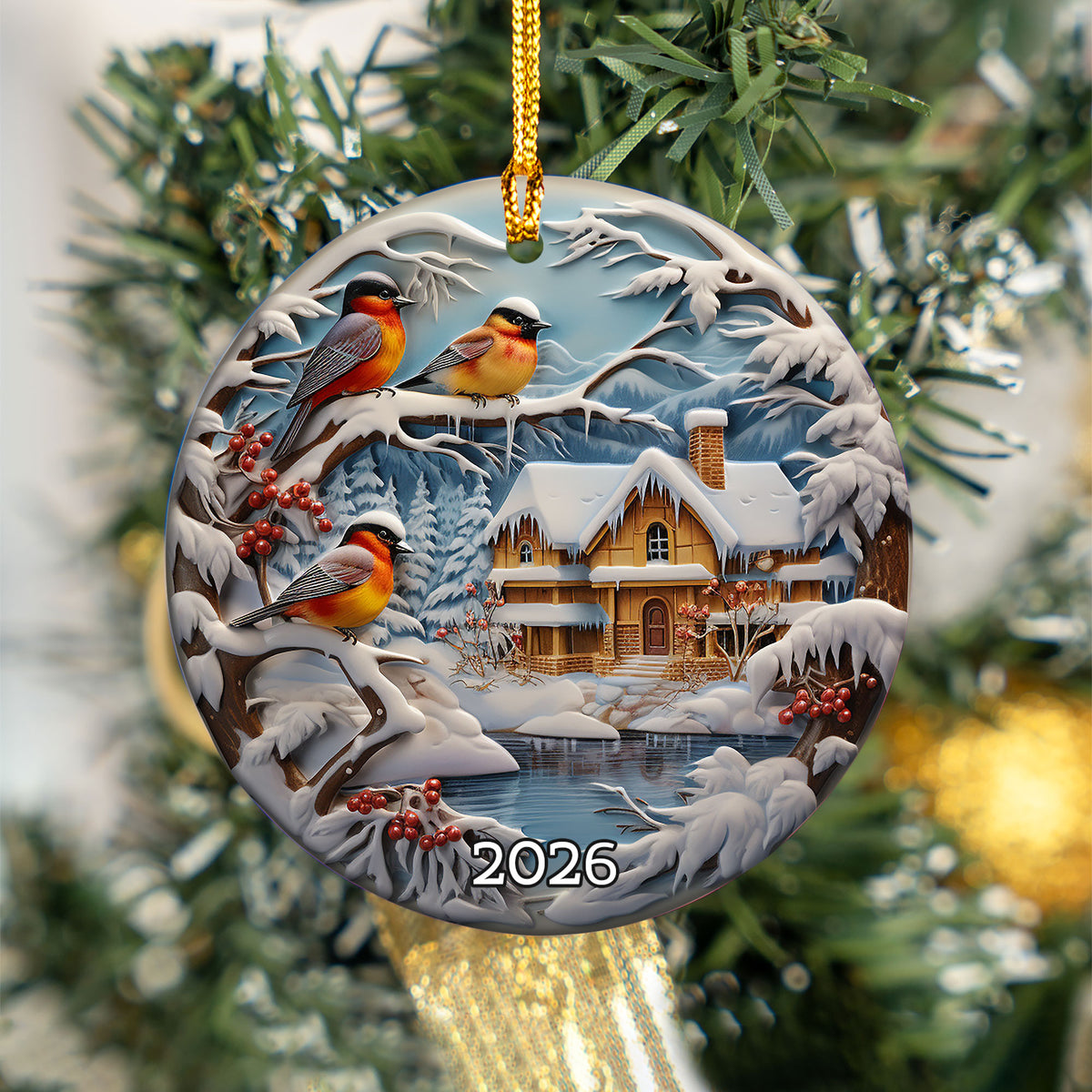 Winter Birds Christmas Ornament 2026, Snowy Cardinal Bird Cottage Ceramic Ornament, Rustic Cabin Holiday Tree Decor
