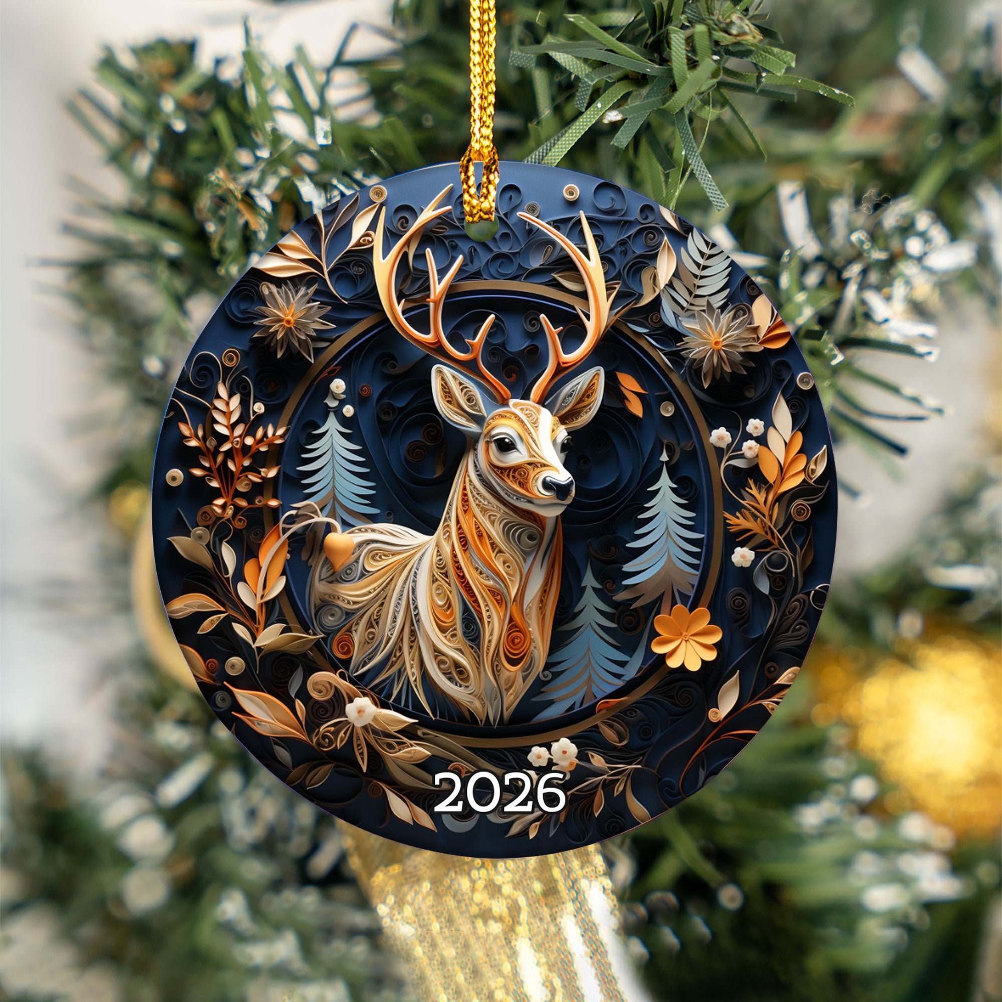 Majestic Deer Ornament 2026, Woodland Christmas Ceramic Ornament, Rustic Holiday Tree Decoration, Christmas Keepsake Gift for Family