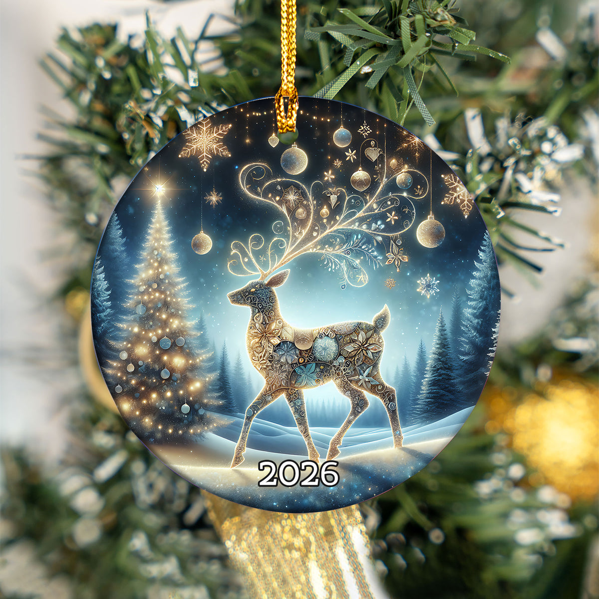 Elegant Deer Ornament 2026, Christmas Ceramic Ornament, Woodland Tree Decoration, Rustic Holiday Keepsake Gift for Family and Friends