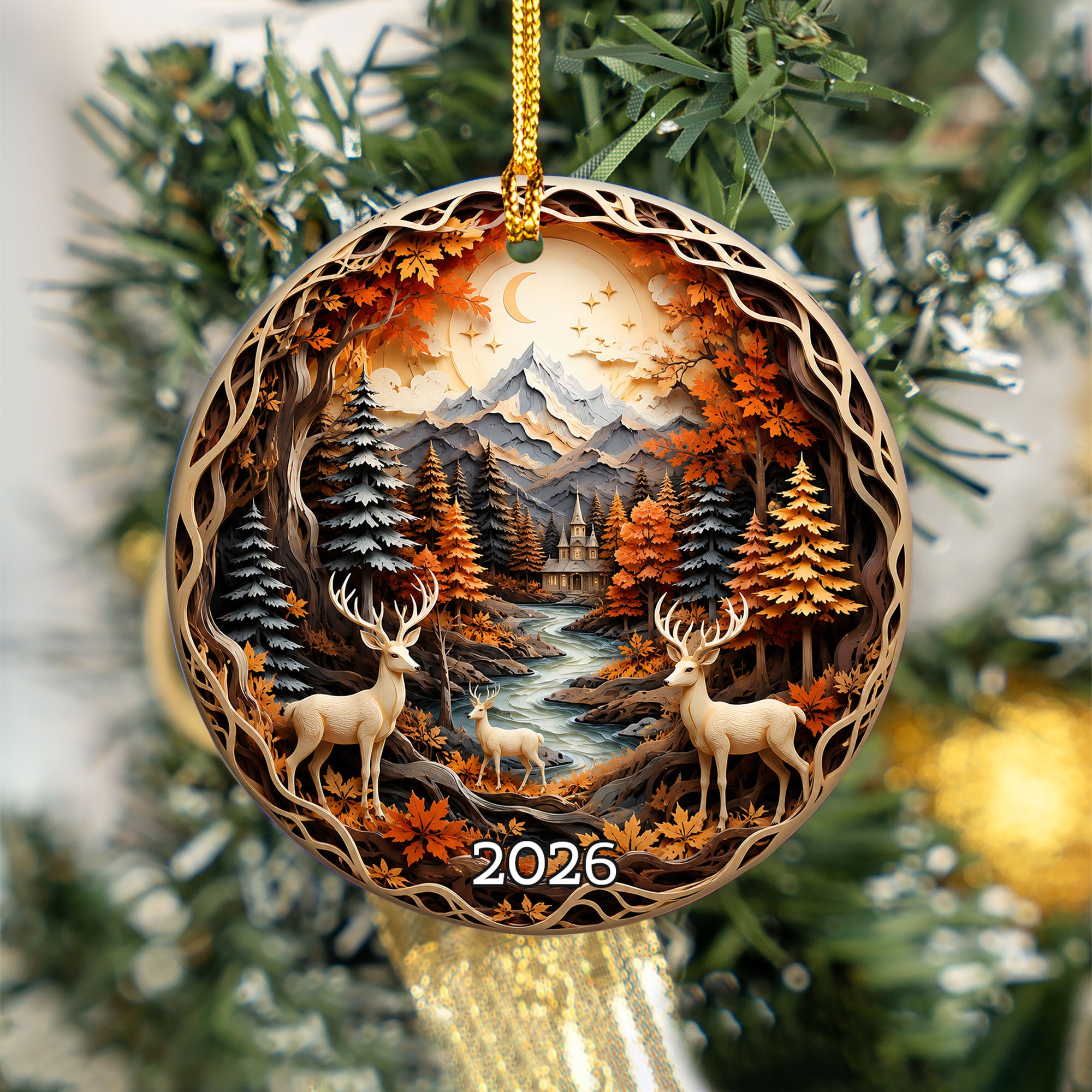 Christmas Deer Ornament 2026, Woodland Forest Christmas Tree Decor, Rustic Holiday Ornament, Winter Cabin Scene