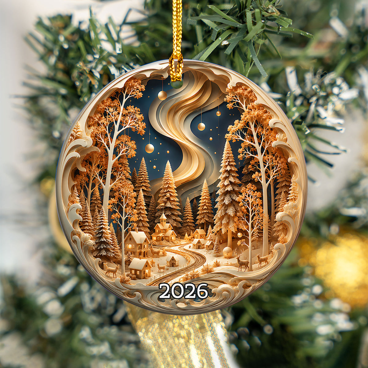 Christmas Ornament 2026, Winter Village Landscape, Snowy Christmas Tree Decoration, Holiday Keepsake Ornament