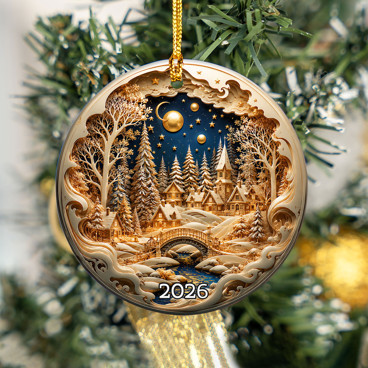 Christmas Village Decor Ornament 2026, Snowy Winter Christmas Scene, Holiday Tree Decoration, Keepsake Ornament